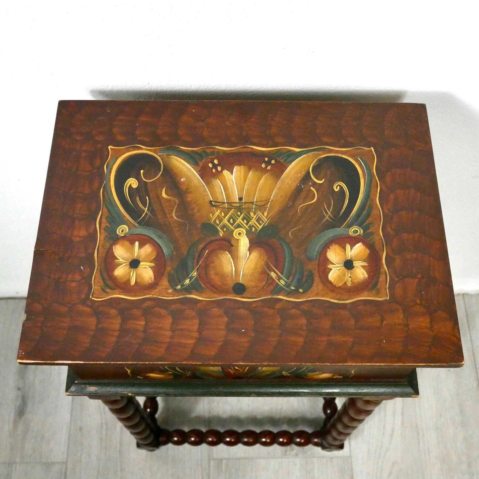 Vintage Hand Painted Kurbits Side Table: Swedish Rosemaling Folk Art photo for sale