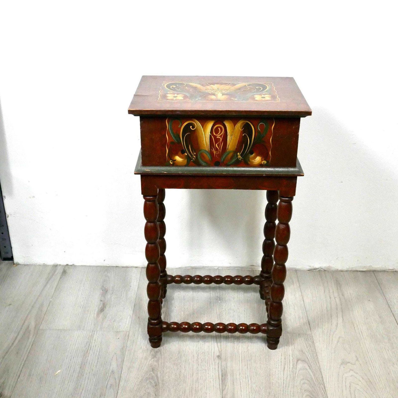 photo for sale Vintage Hand Painted Kurbits Side Table: Swedish Rosemaling Folk Art