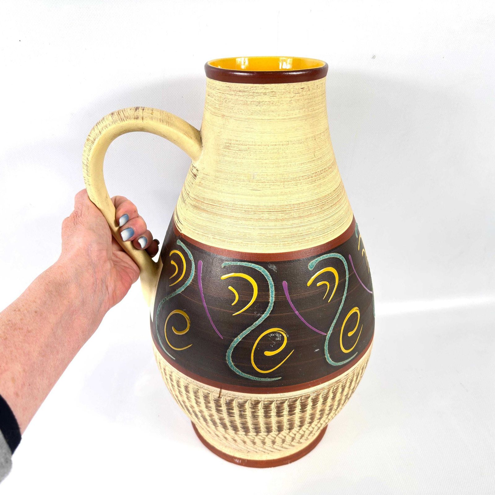 photo for sale Mid Century German Pottery Vase – 1960s Sgraffito Ceramic Jug, 42 Cm