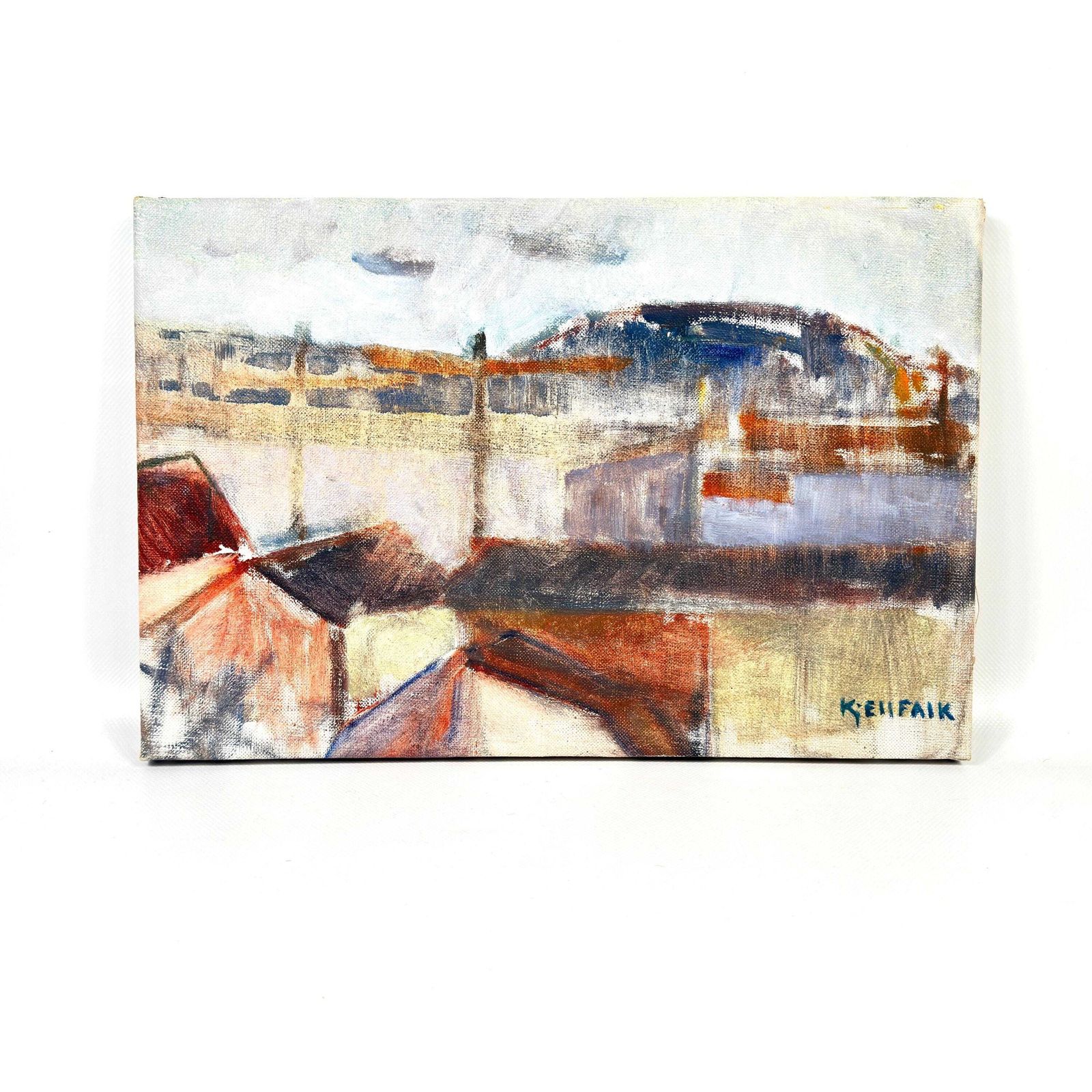 Oil Painting By Kjell Falk – Swedish Industrial Scene, 1970s