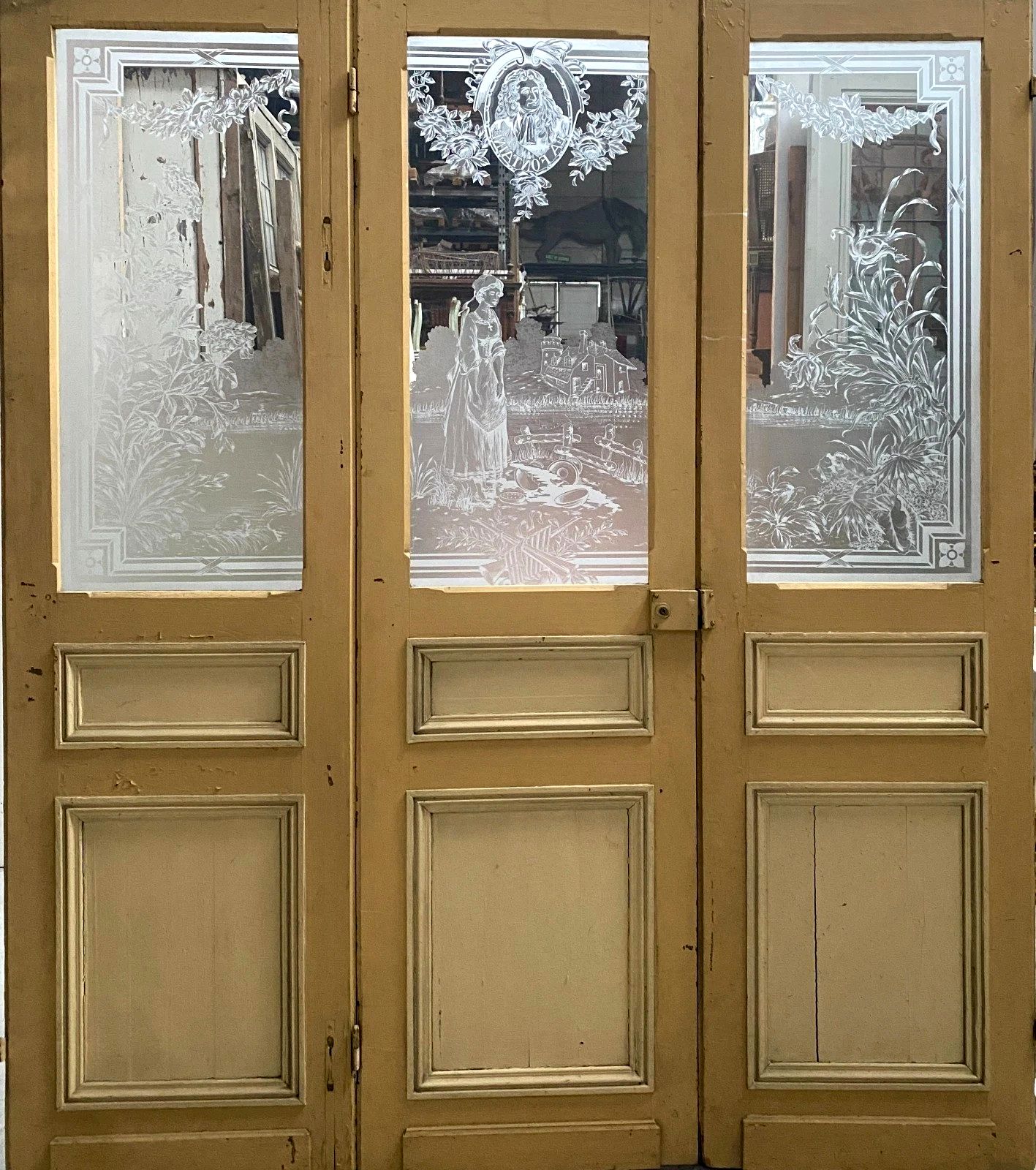 Art Nouveau Wood And Glass Engraved Three Door Partition Suite 20th Century