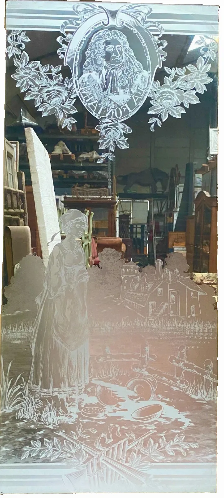 Art Nouveau Wood And Glass Engraved Three Door Partition Suite 20th Century photo for sale