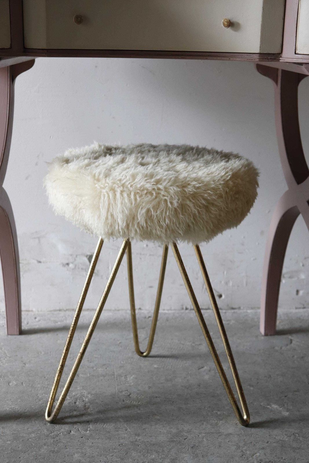1950s German Boudoir Stool With Shaggy Faux Sheepskin Seat photo for sale
