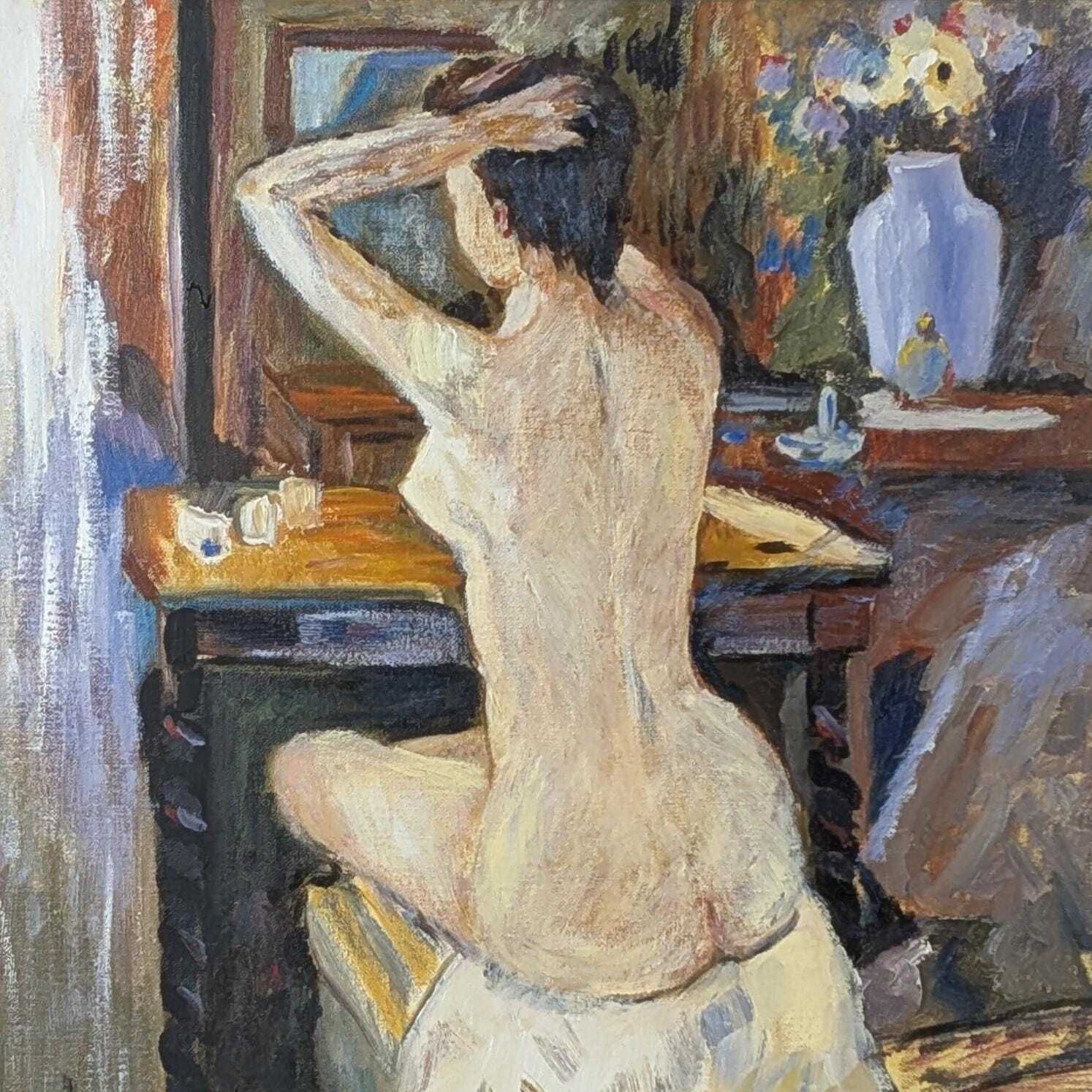 Vintage 1980s French Expressionist Nude Woman Oil On Canvas Painting Signed J. Laporte photo for sale