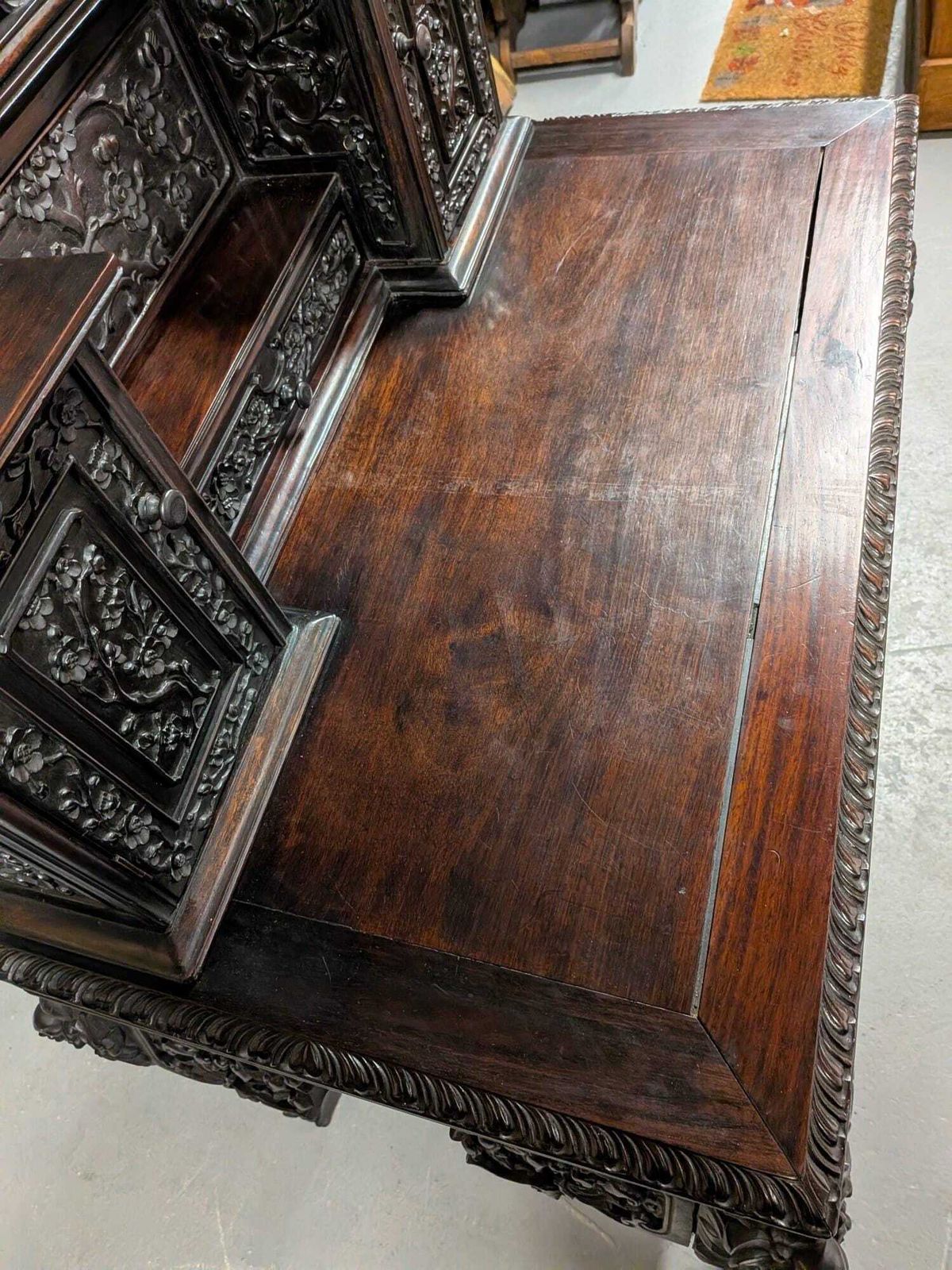 photo for sale Rare Victorian 1880 Antique Carved Hongmu Desk