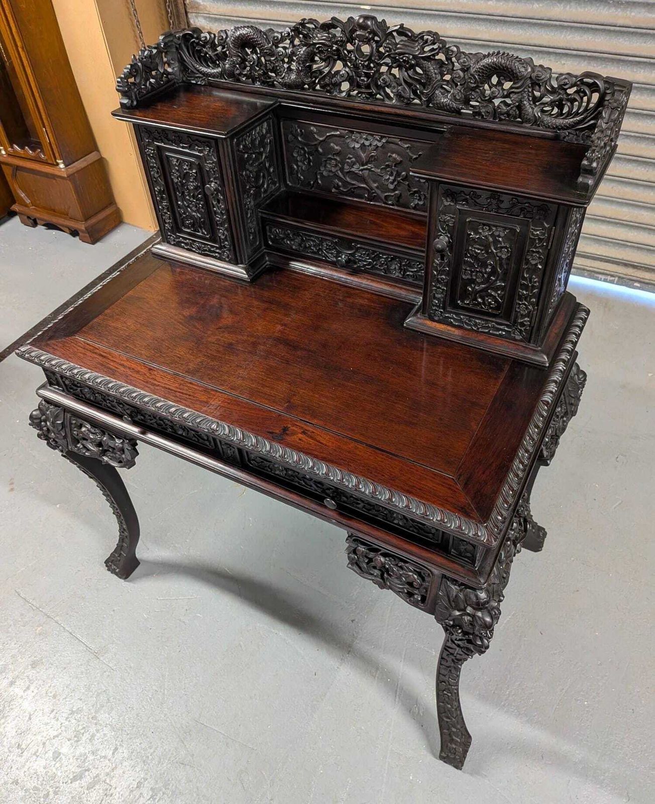 Furniture Rare Victorian 1880 Antique Carved Hongmu Desk photo