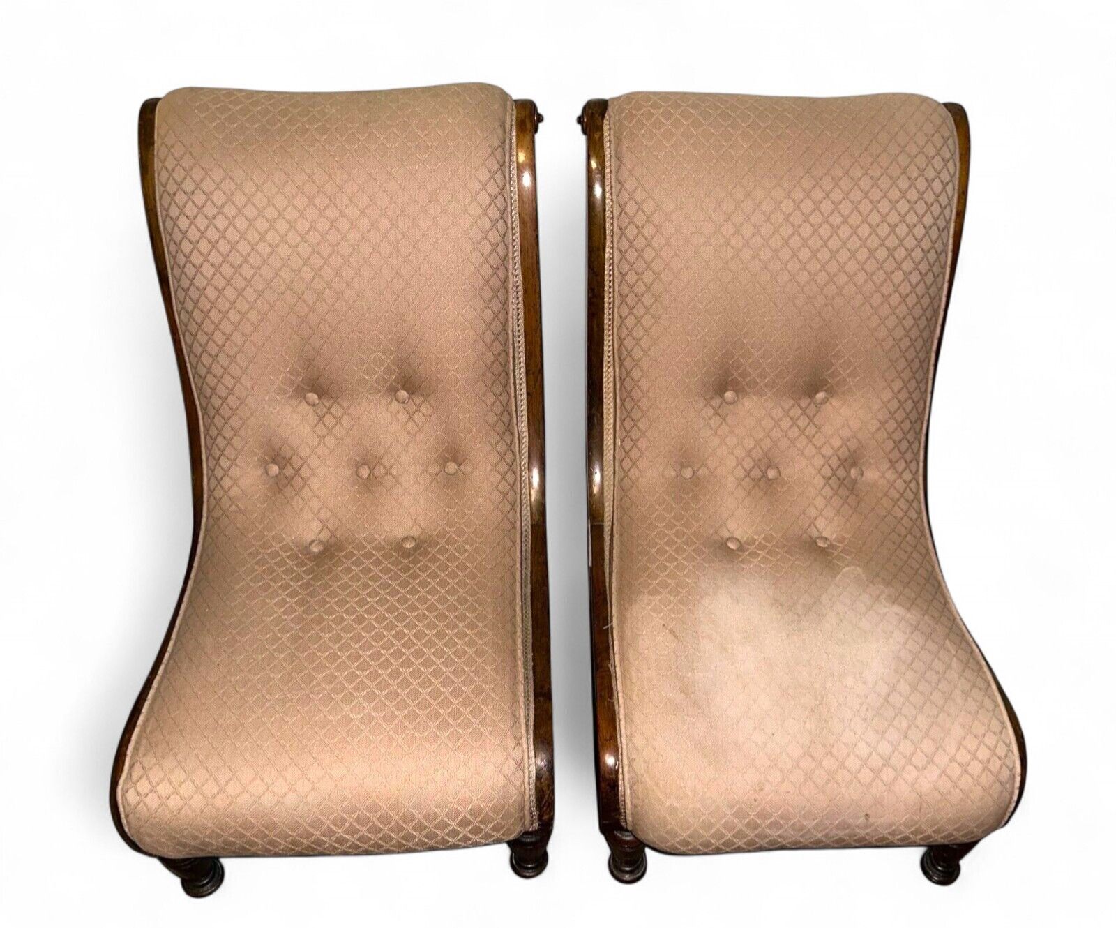 Pair Of Late Victorian Walnut Nursing Chairs – Carved Frames On Castors (C.1895) photo for sale
