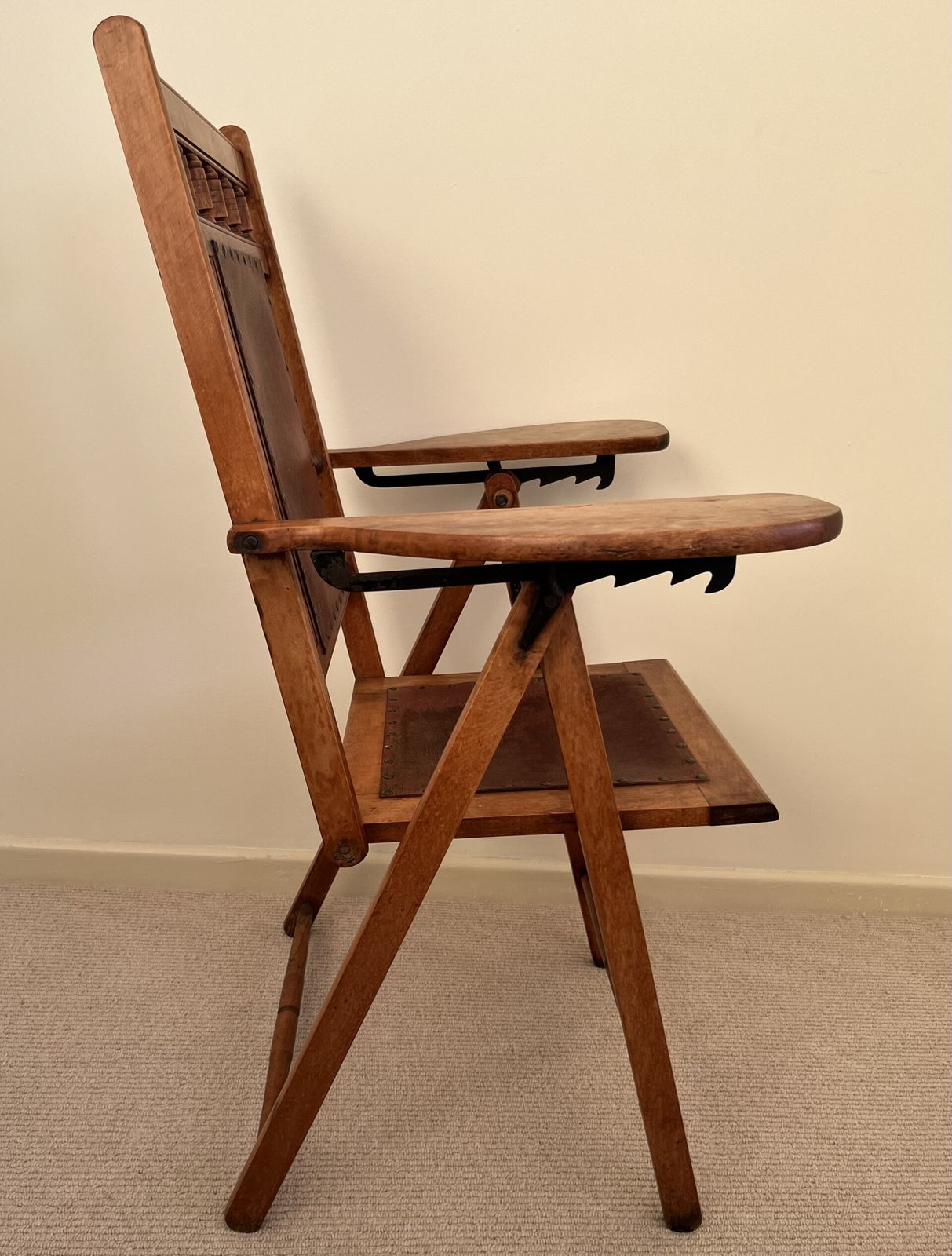 Rare Arts And Crafts Maple Campaign Adjustable/Folding Chair Leather Seat photo furniture
