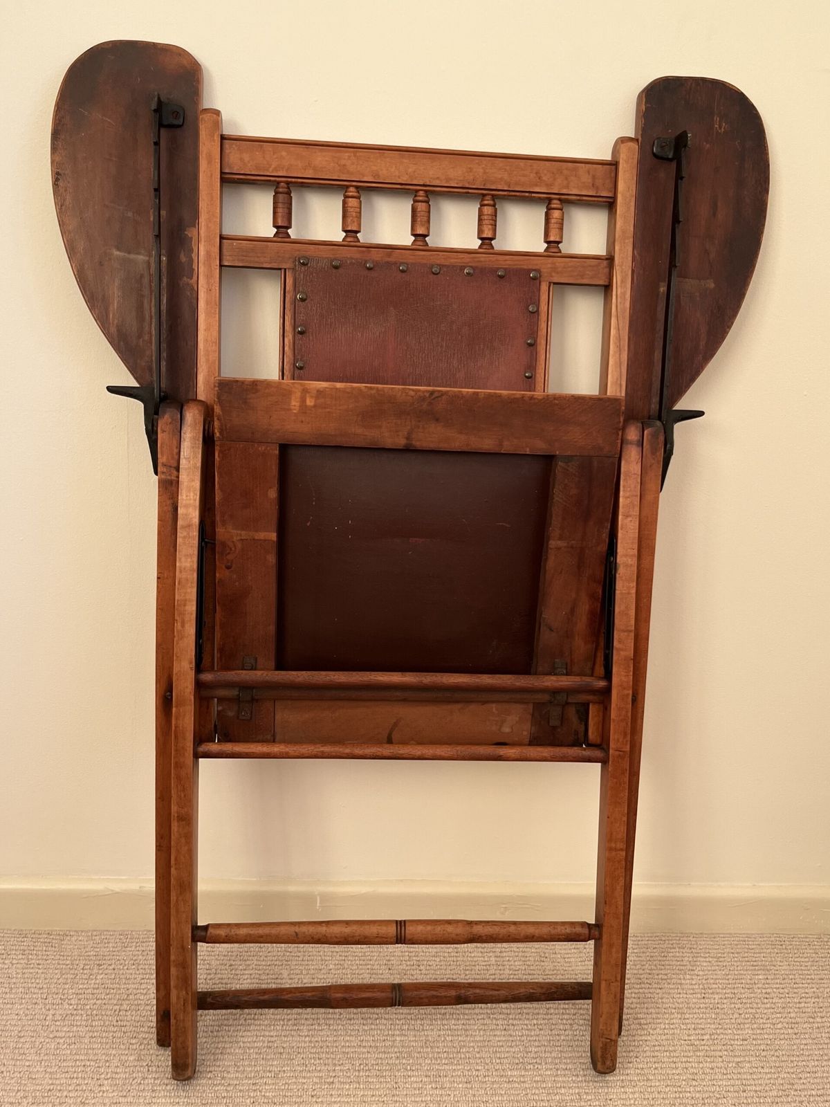 photo for sale Rare Arts And Crafts Maple Campaign Adjustable/Folding Chair Leather Seat