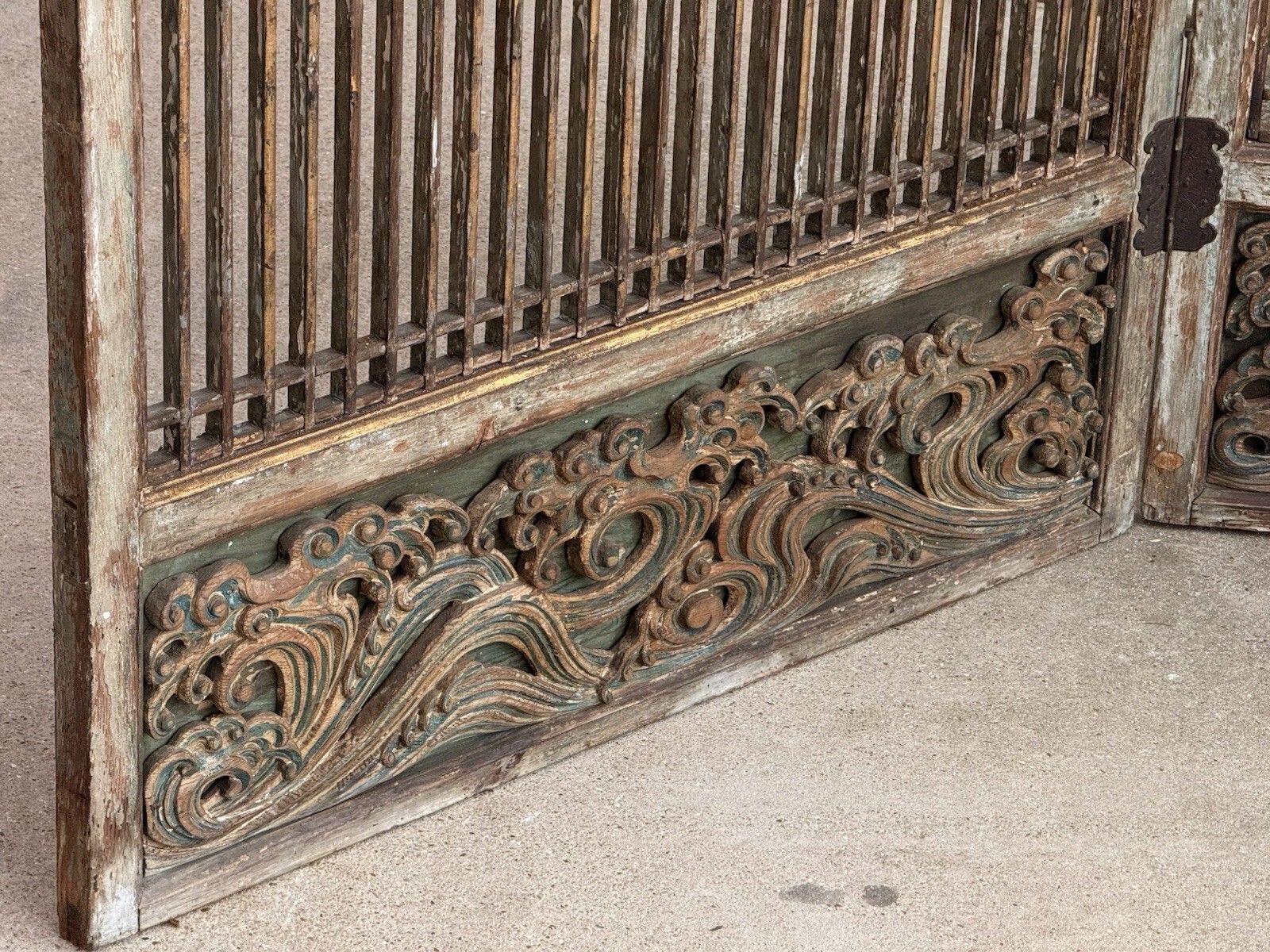 Antique Two Panel Lattice Screen With Carved Peacocks, Floral & Gilt Detail photo furniture