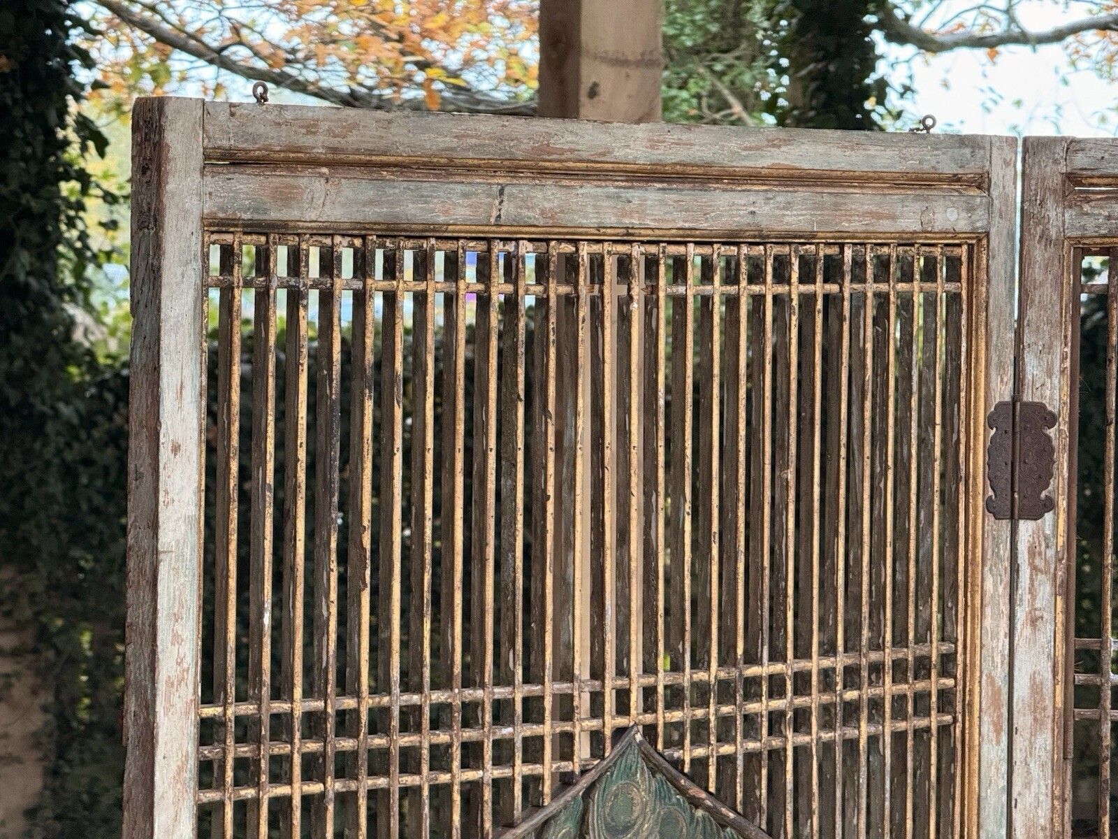 Antique Two Panel Lattice Screen With Carved Peacocks, Floral & Gilt Detail photo Home Decor