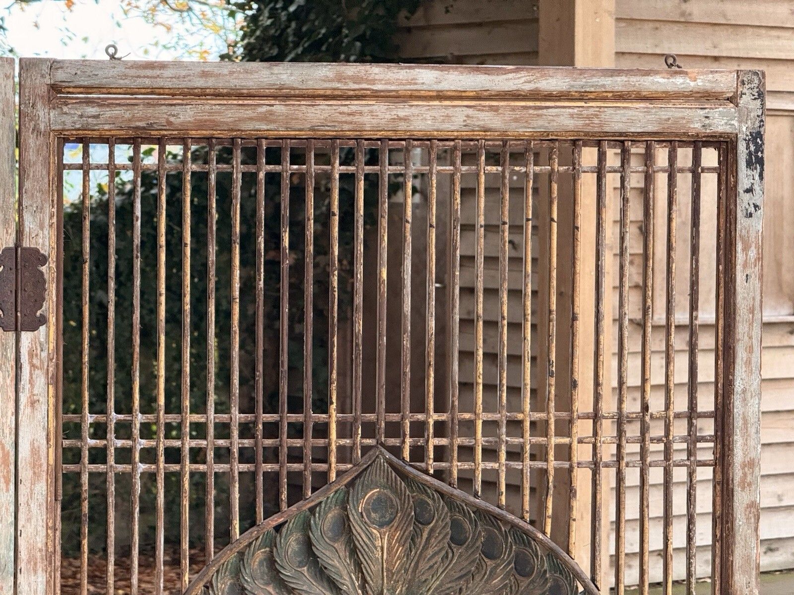 Antique Two Panel Lattice Screen With Carved Peacocks, Floral & Gilt Detail photo 1850.0