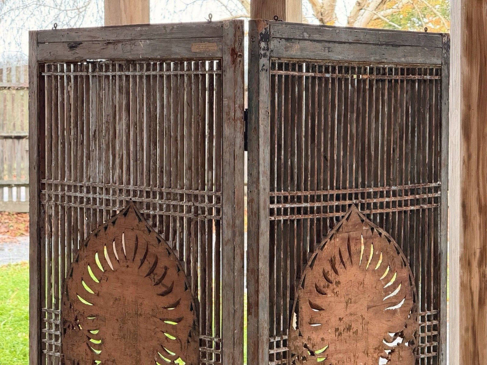 photo buy Antique Two Panel Lattice Screen With Carved Peacocks, Floral & Gilt Detail