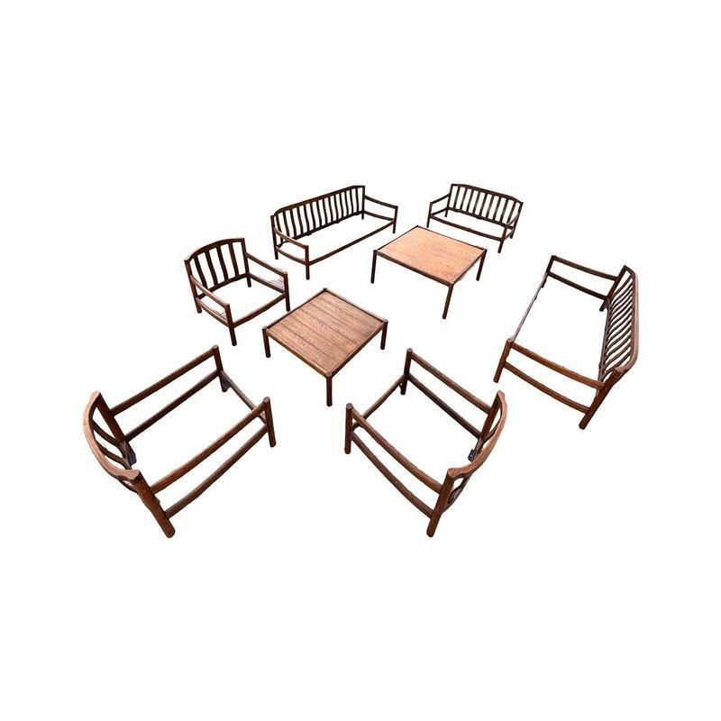 Scandinavian Leather Sofa, Armchairs, And Coffee Table Set, 8 Pieces, 1960s photo for sale