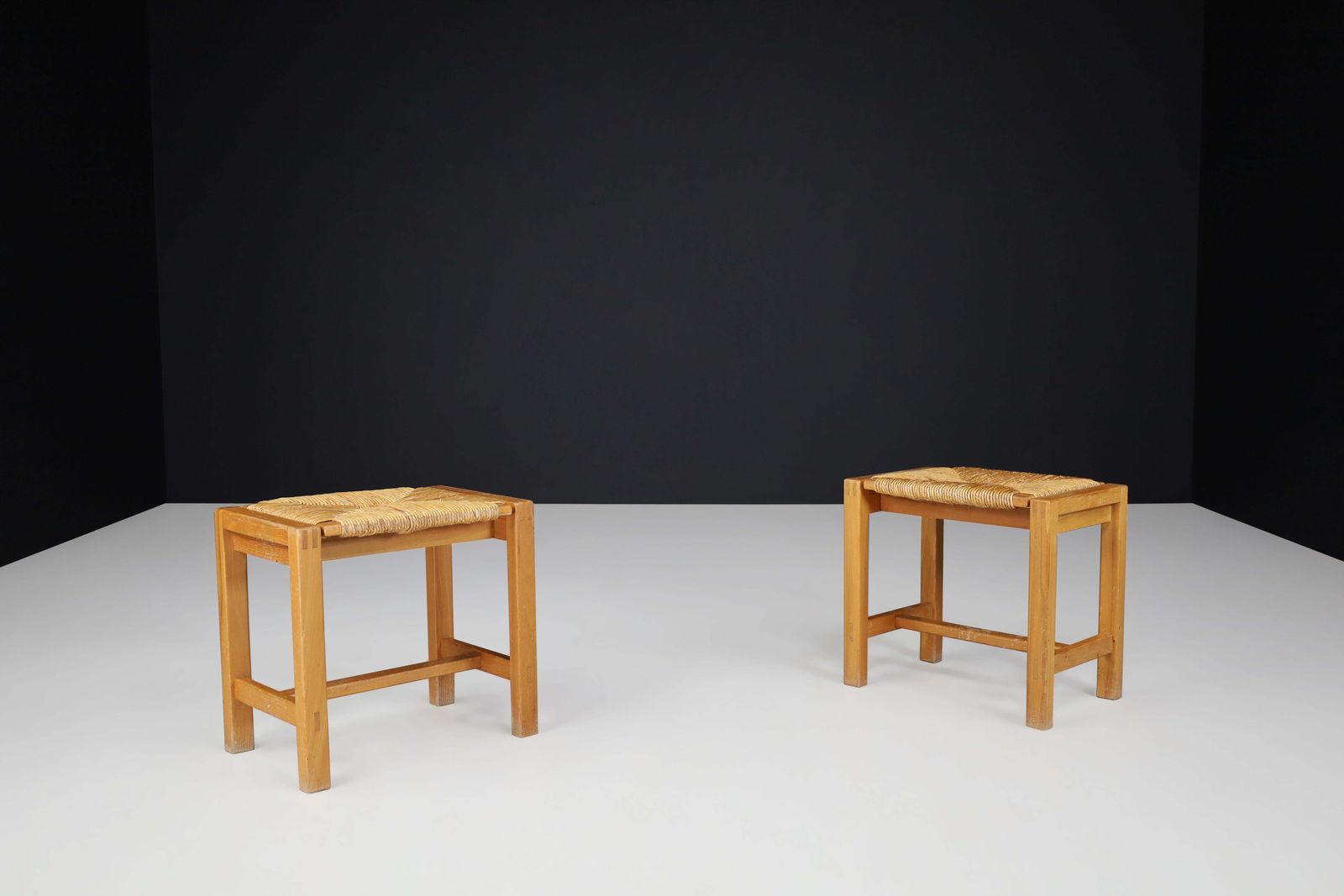 Set Of Two Mid Century Modern Elm And Rush Stools By Maison Regain, France, 1960 photo vinterior