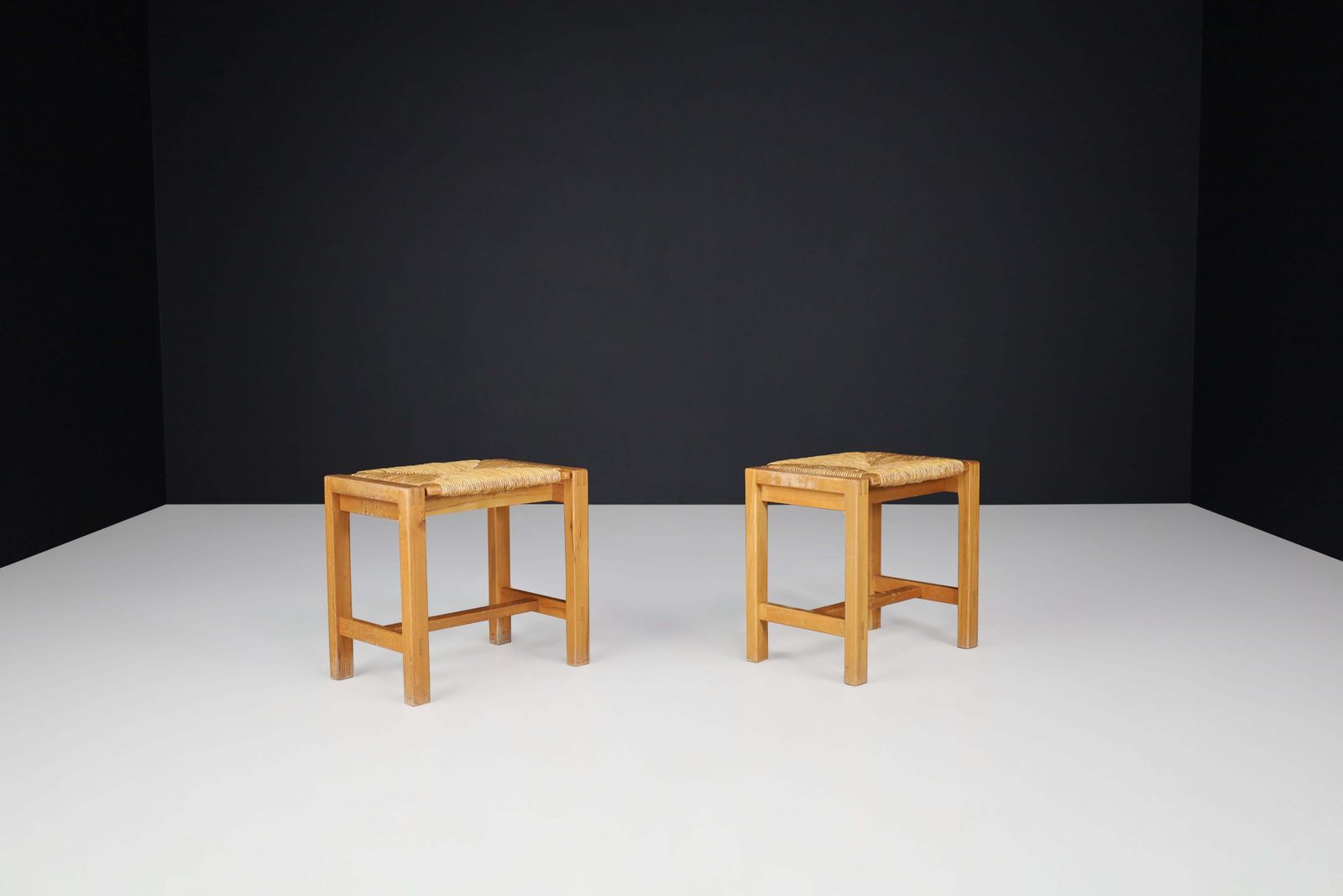 Set Of Two Mid Century Modern Elm And Rush Stools By Maison Regain, France, 1960 photo vintage