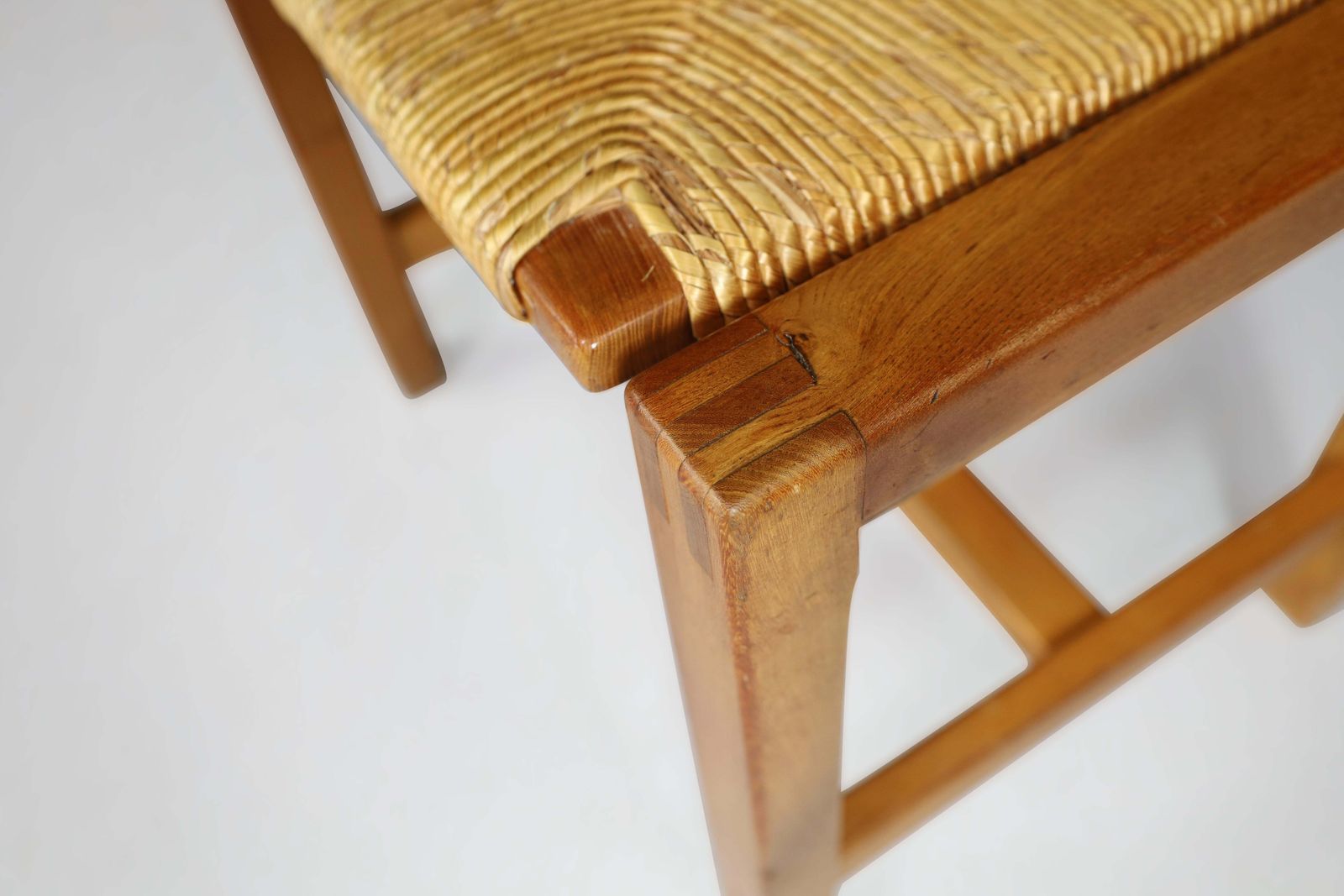 photo for sale Set Of Two Mid Century Modern Elm And Rush Stools By Maison Regain, France, 1960