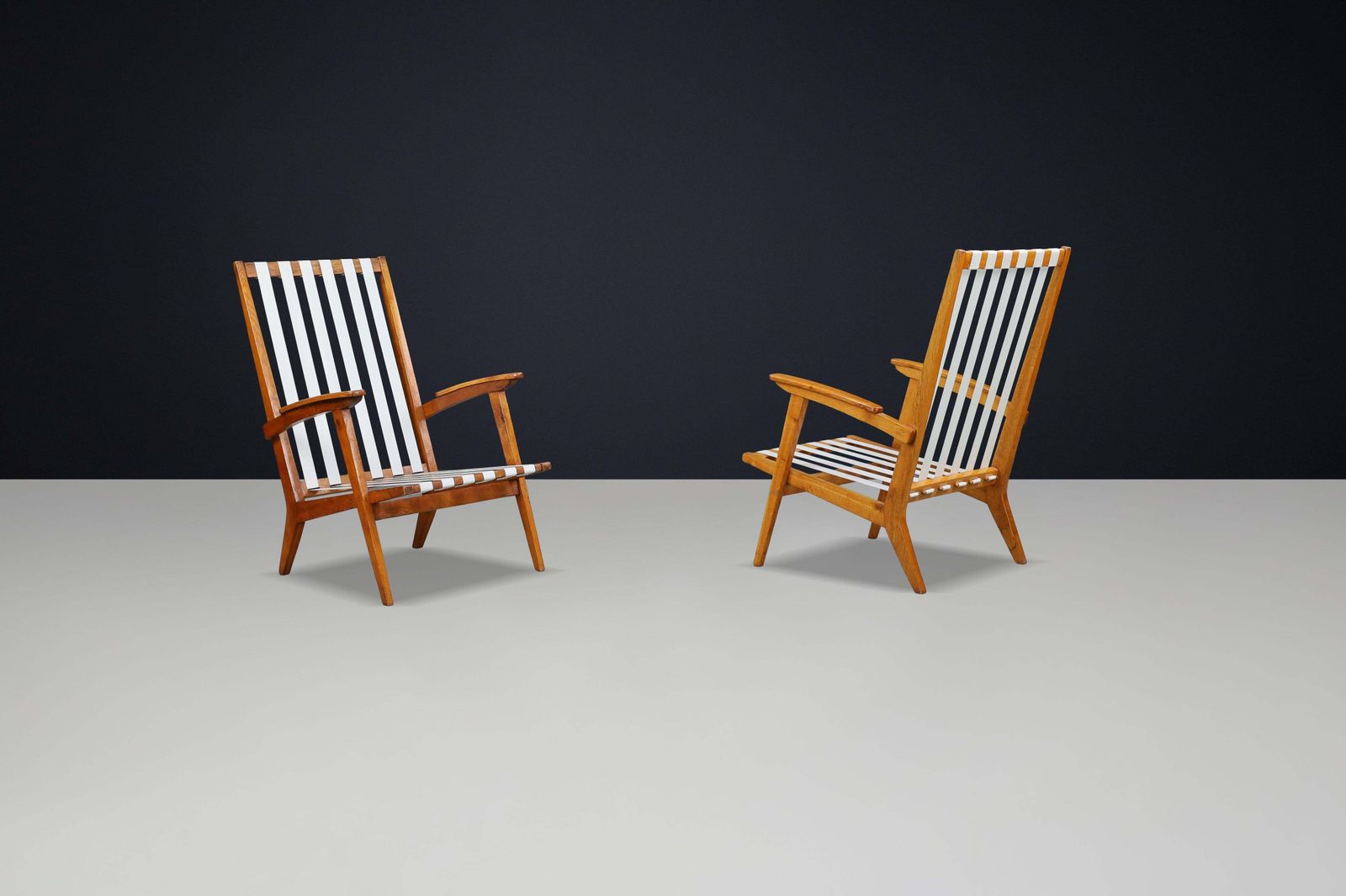 Mid Century Modern Highback Armchairs In Oak And Canvas Straps, France, 1950s photo buy
