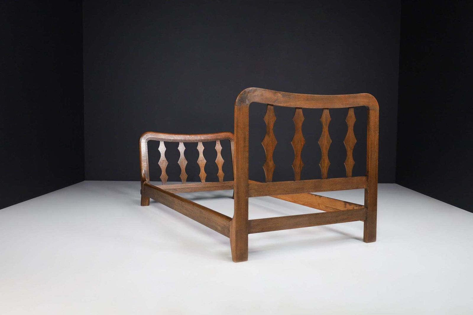 Mid Century Modern Guillerme & Chambron Bed Frame In Solid Oak, France 1960s photo Furniture