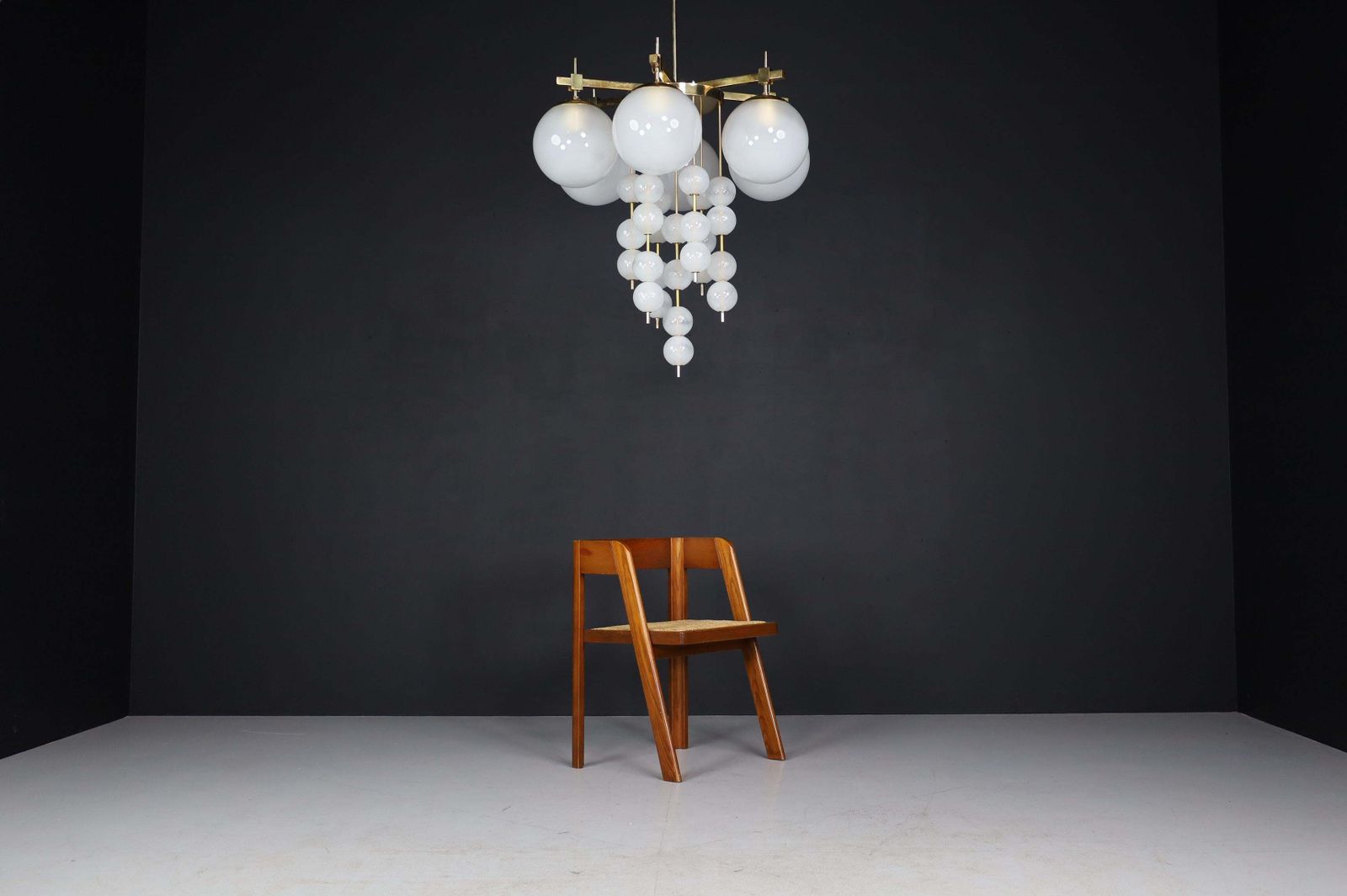 Brass Chandelier With Frosted Glass Globes, Czechia 1950s photo for sale