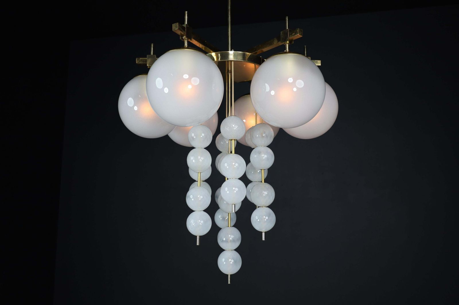 Brass Chandelier With Frosted Glass Globes, Czechia 1950s photo vinterior