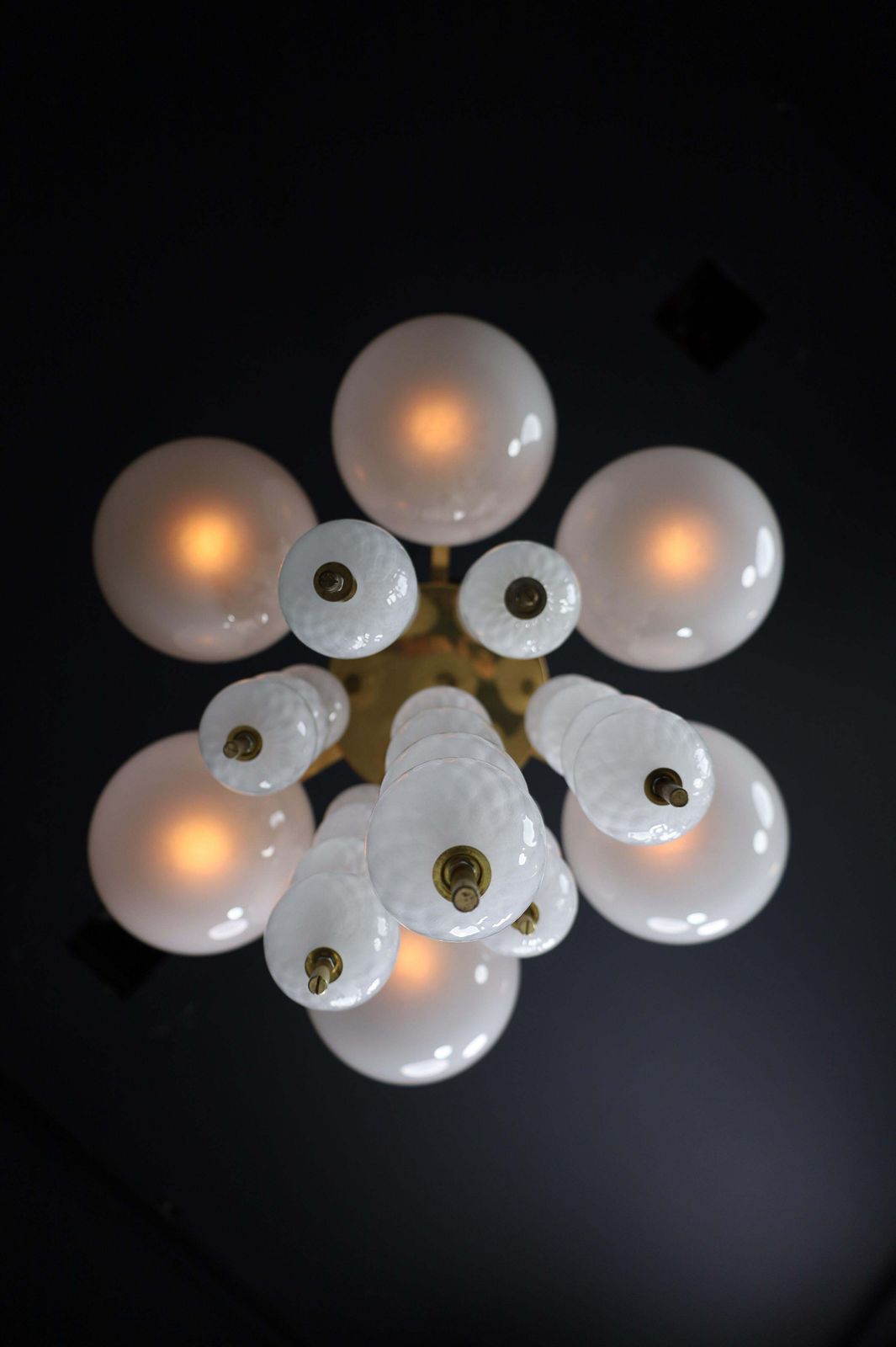photo furniture Brass Chandelier With Frosted Glass Globes, Czechia 1950s