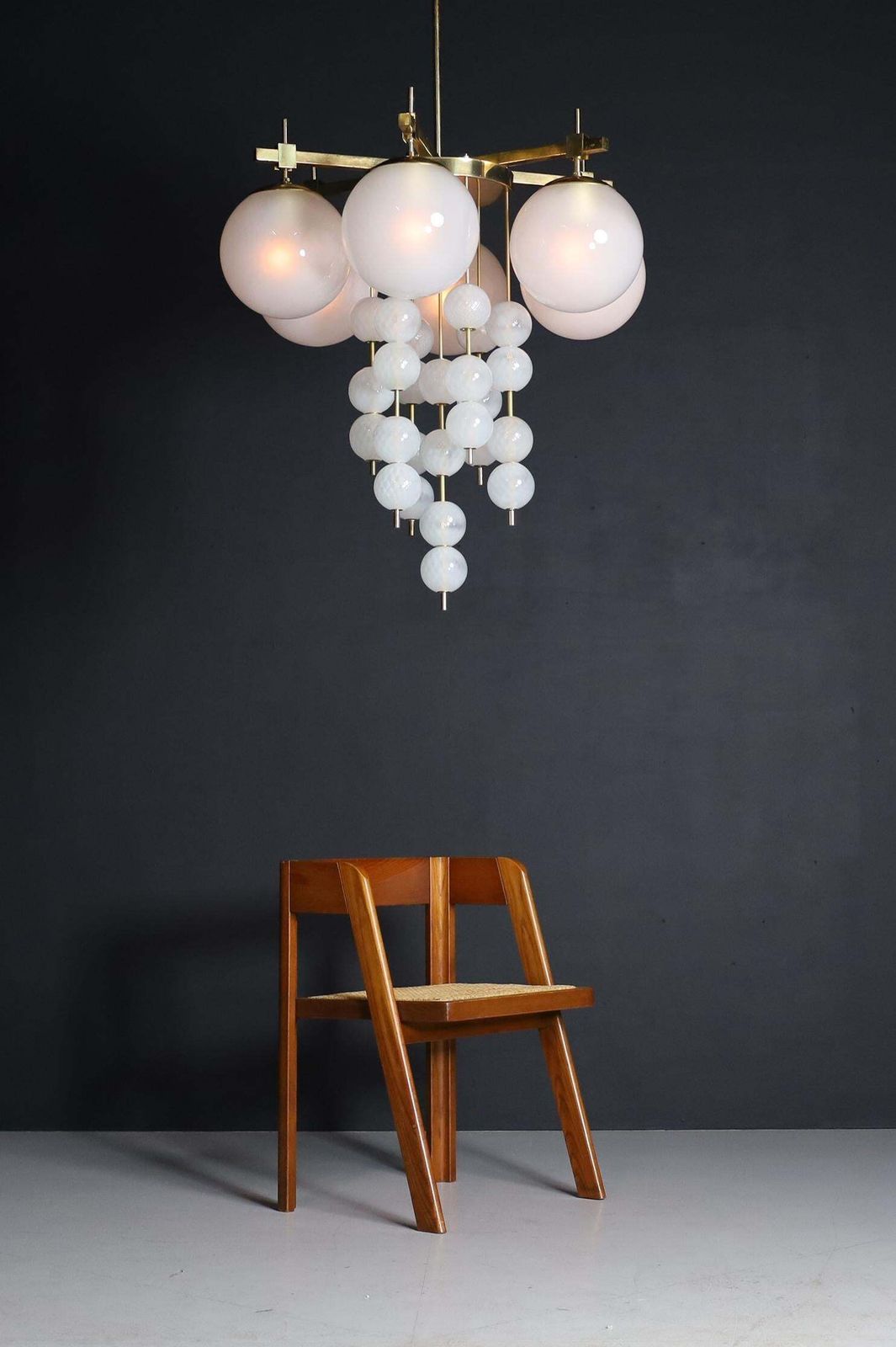 Lighting Brass Chandelier With Frosted Glass Globes, Czechia 1950s photo
