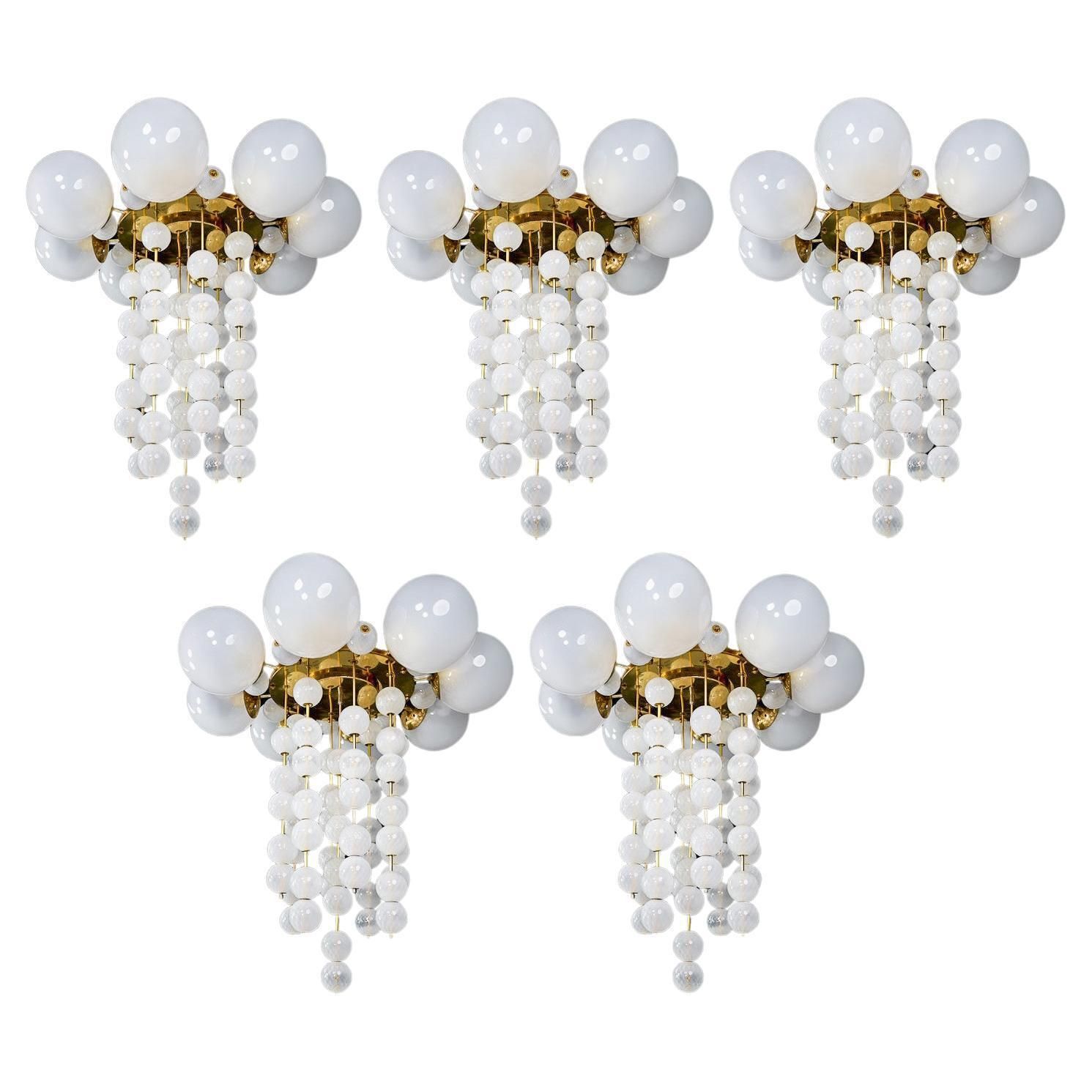 Set Of Five Grand Czech Chandeliers, Brass & Hand Blown Frosted Glass, 1960s