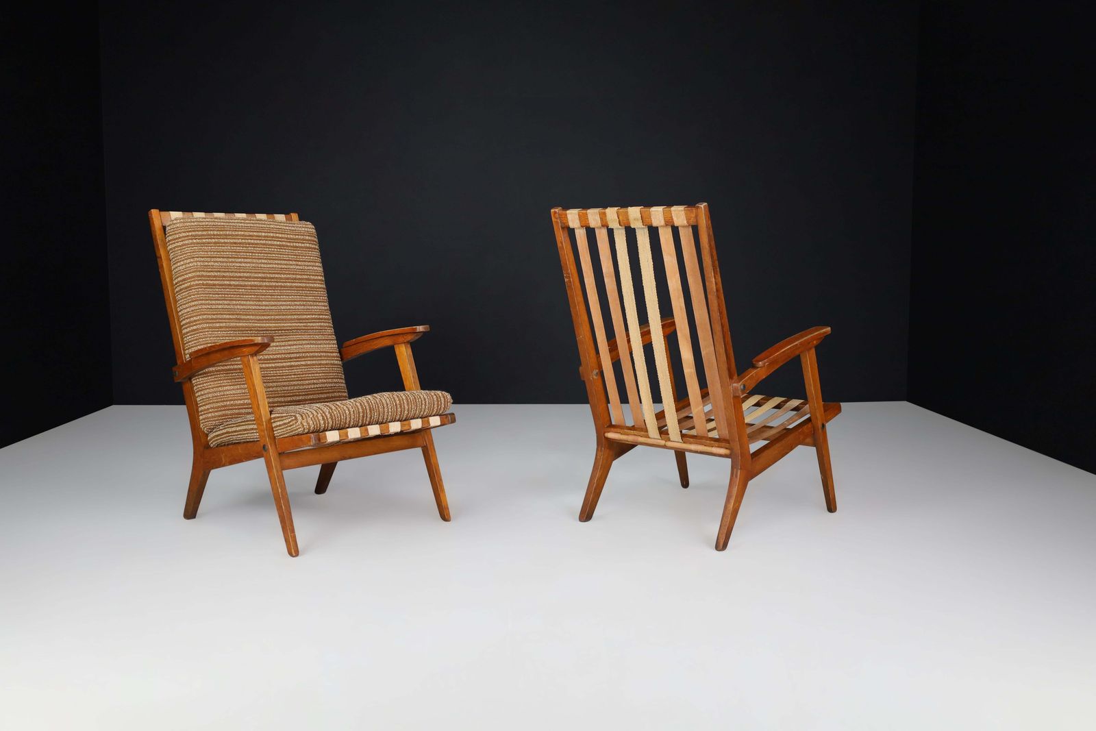 Oak Sculptural Lounge Chairs With Brown Upholstery, France, 1950s photo vinterior
