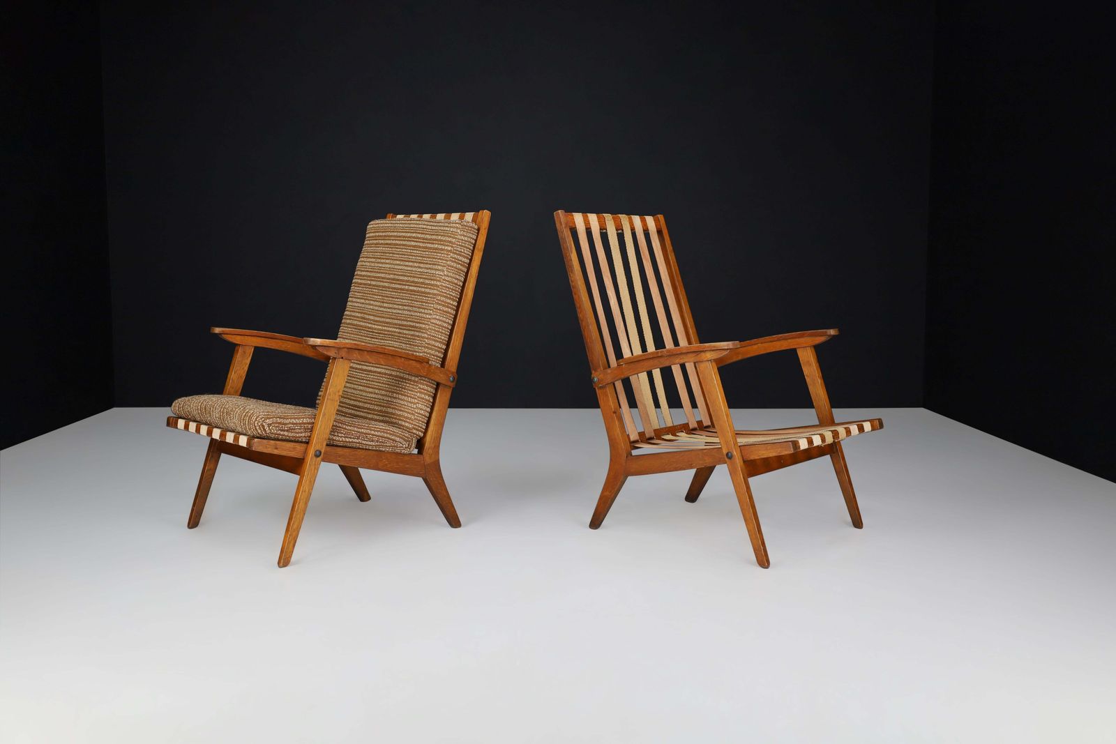 Oak Sculptural Lounge Chairs With Brown Upholstery, France, 1950s photo buy