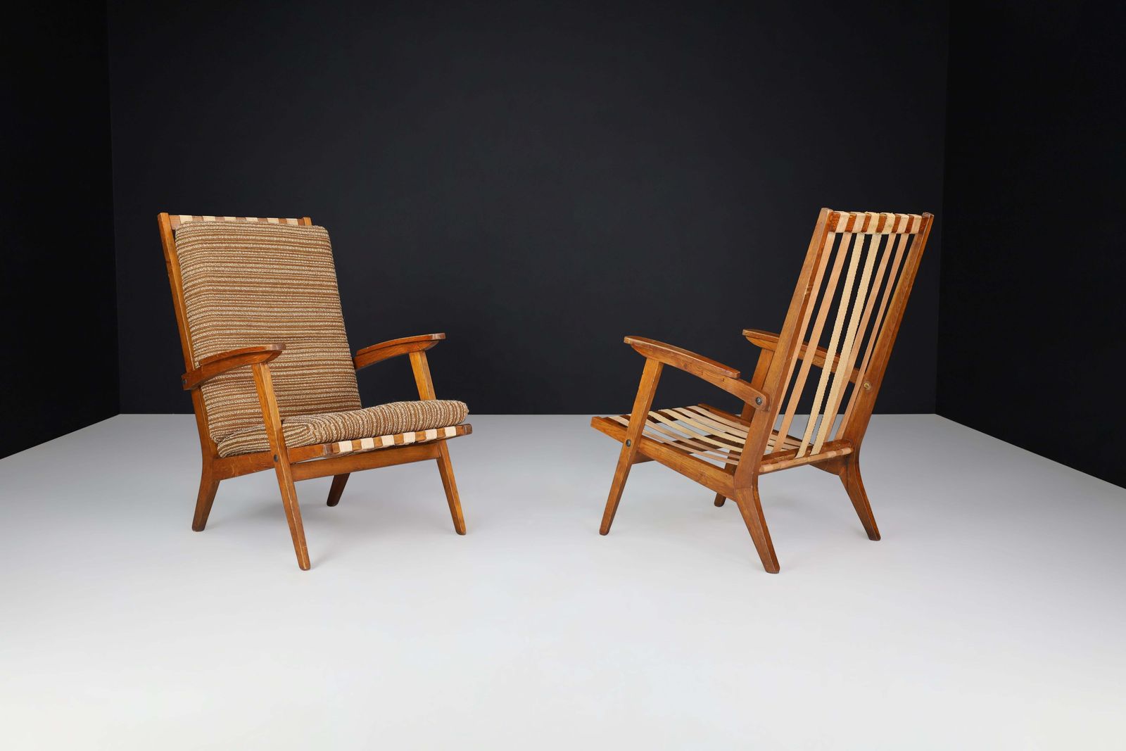 Oak Sculptural Lounge Chairs With Brown Upholstery, France, 1950s photo vintage