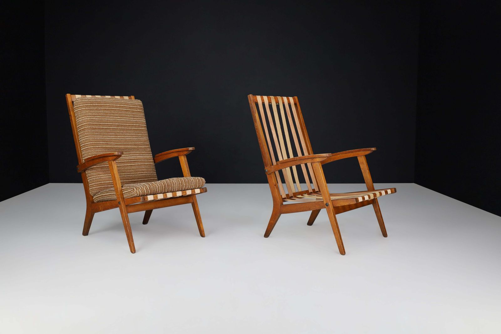 photo furniture Oak Sculptural Lounge Chairs With Brown Upholstery, France, 1950s
