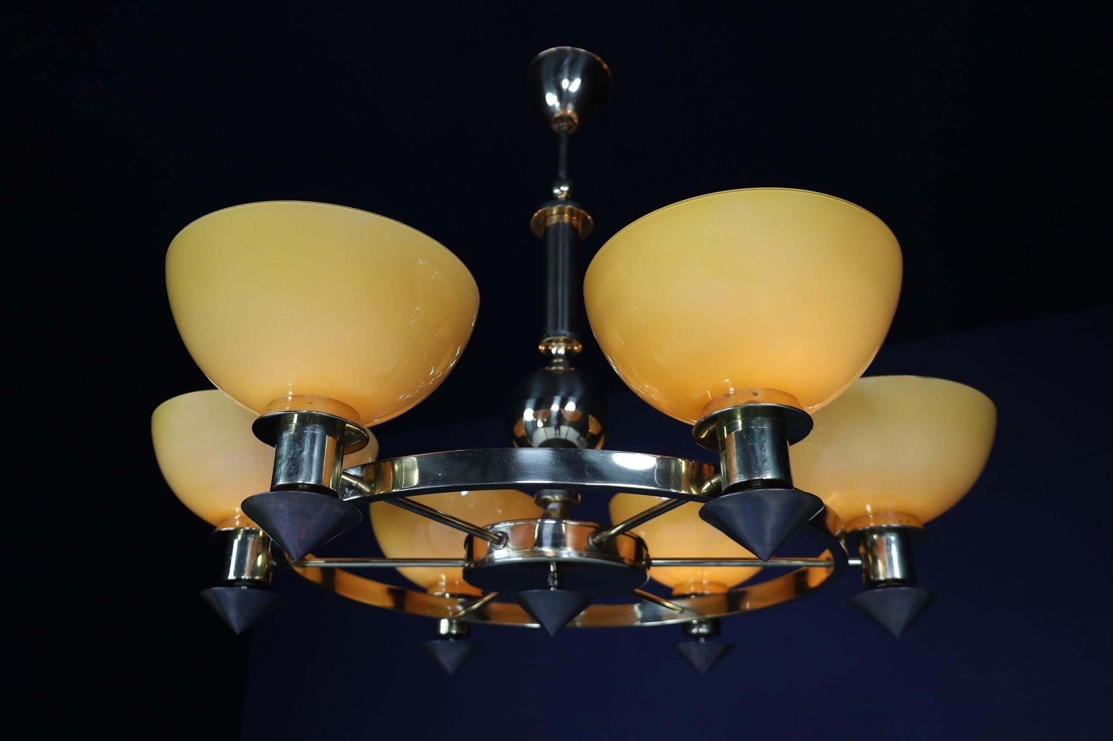 Xl Brass And Amber/Gold Opaline Glass Chandeliers, Italy, 1970s (2 Available) photo for sale