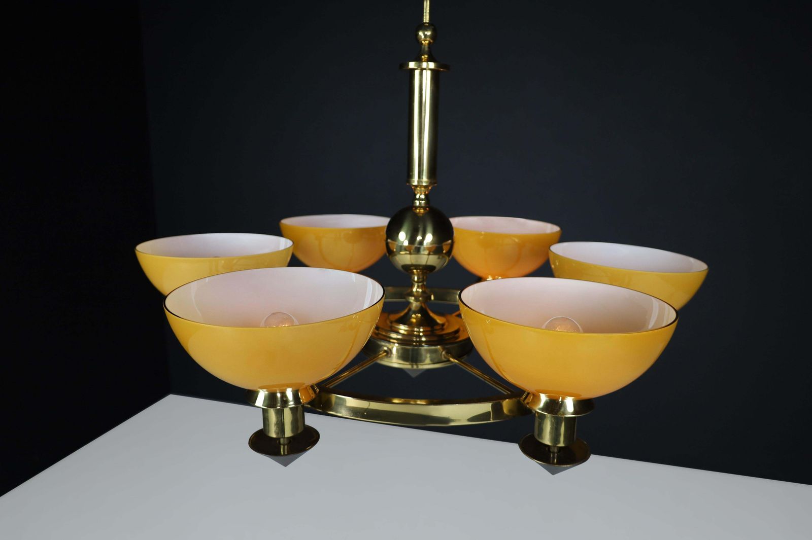 Xl Brass And Amber/Gold Opaline Glass Chandeliers, Italy, 1970s (2 Available) photo vintage