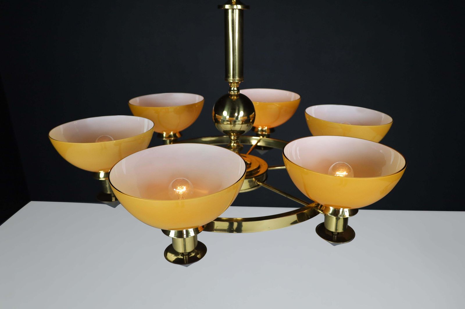 Lighting Xl Brass And Amber/Gold Opaline Glass Chandeliers, Italy, 1970s (2 Available) photo