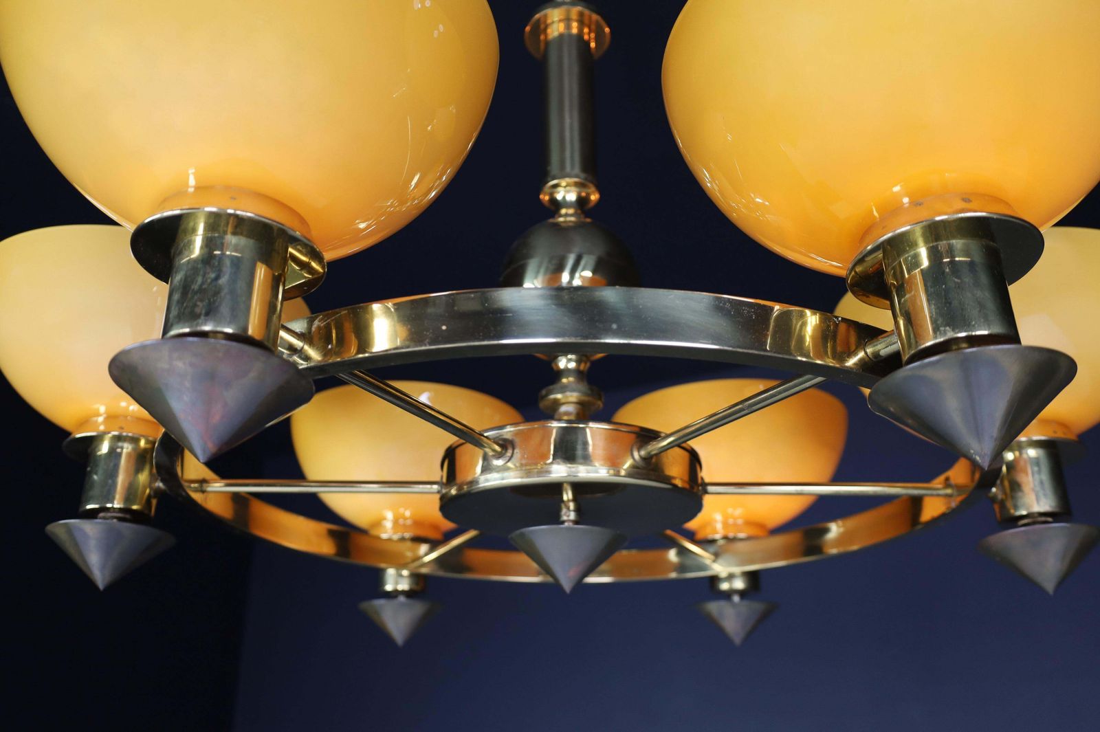 photo vinterior Xl Brass And Amber/Gold Opaline Glass Chandeliers, Italy, 1970s (2 Available)