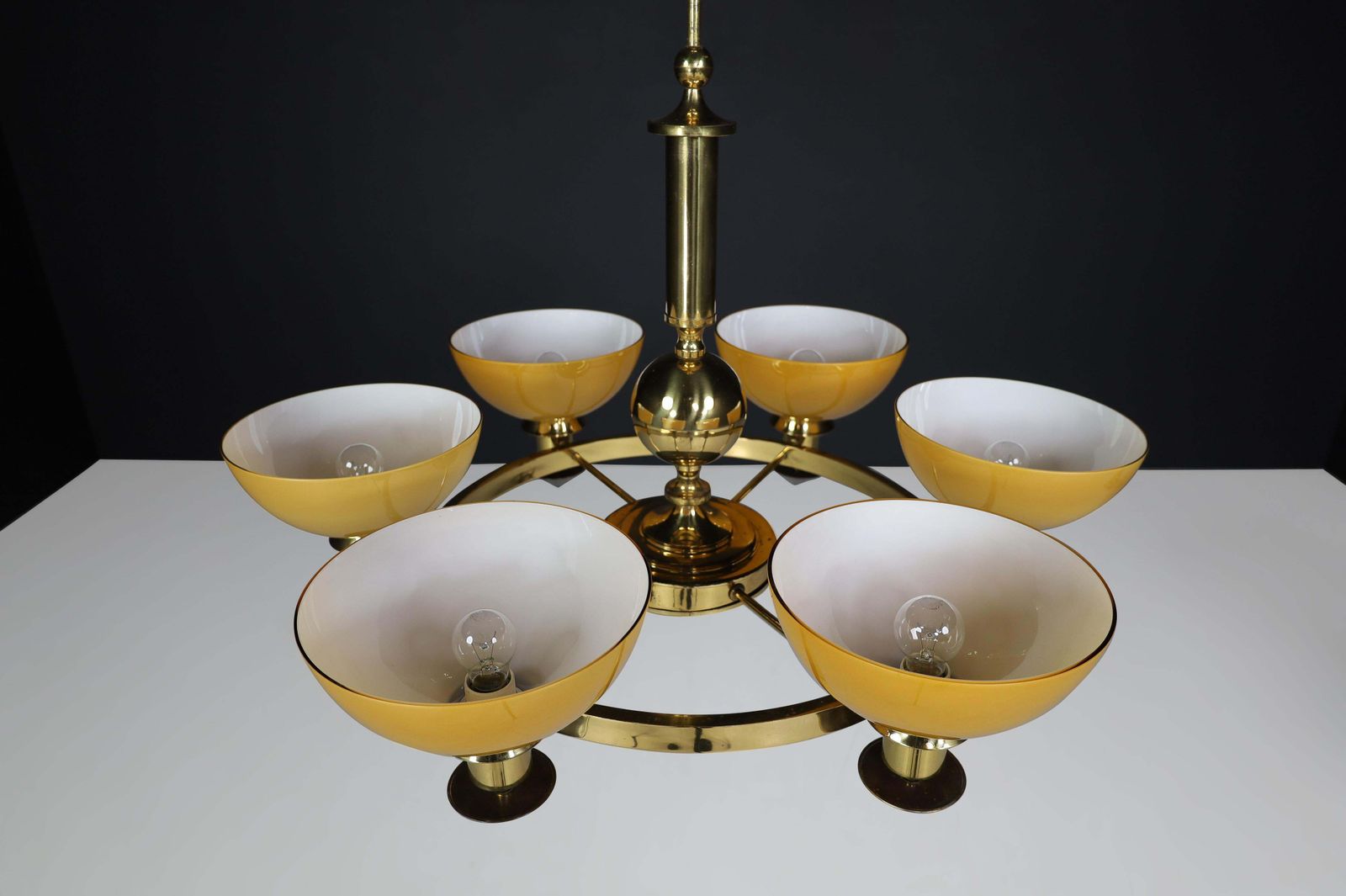 photo vintage Xl Brass And Amber/Gold Opaline Glass Chandeliers, Italy, 1970s (2 Available)