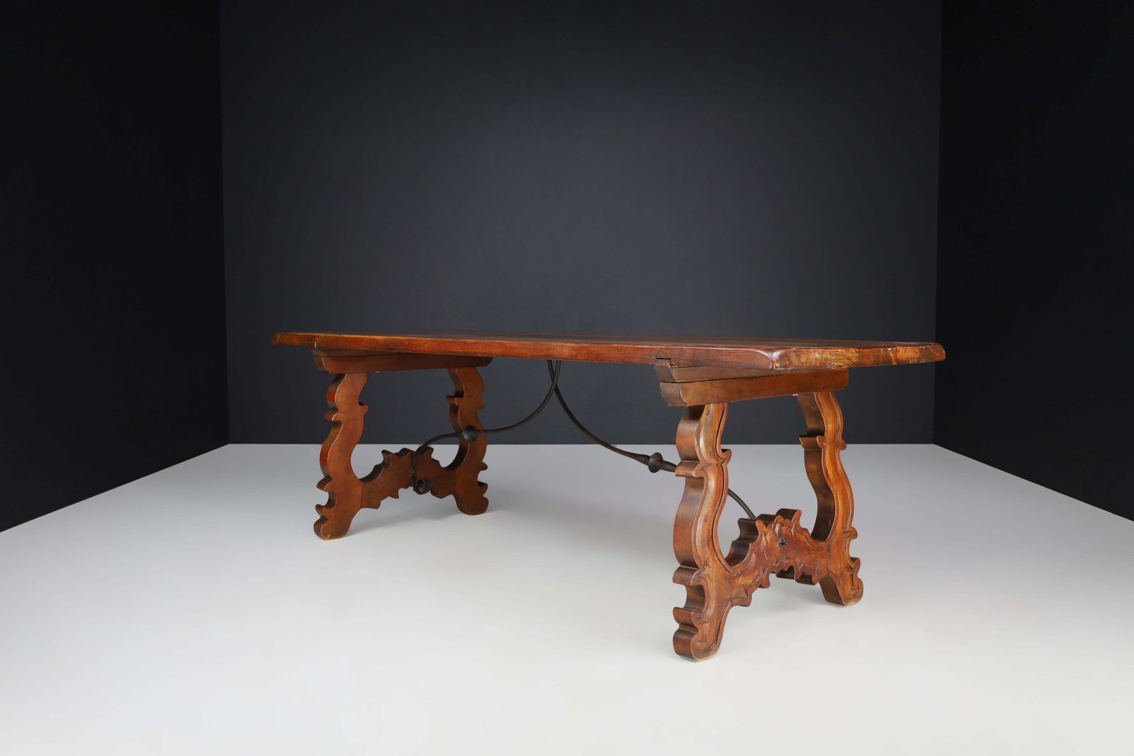 Antique Spanish Baroque Style Refectory Table With Carved Legs & Iron Stretcher photo furniture