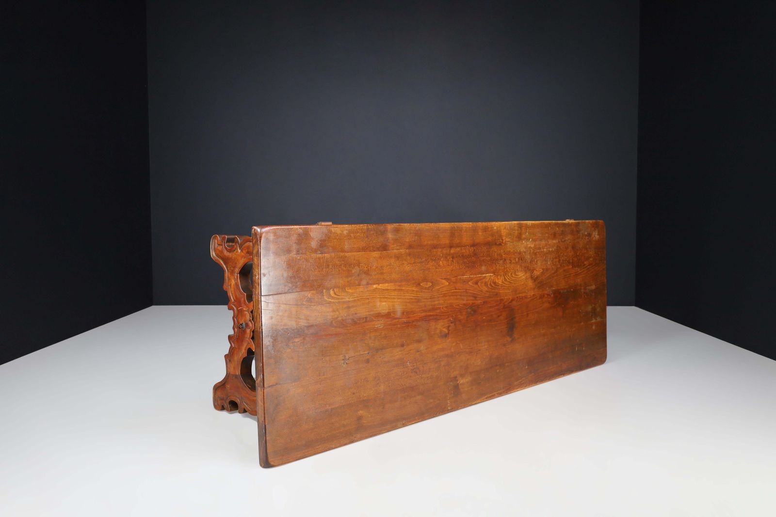 Antique Spanish Baroque Style Refectory Table With Carved Legs & Iron Stretcher photo vintage