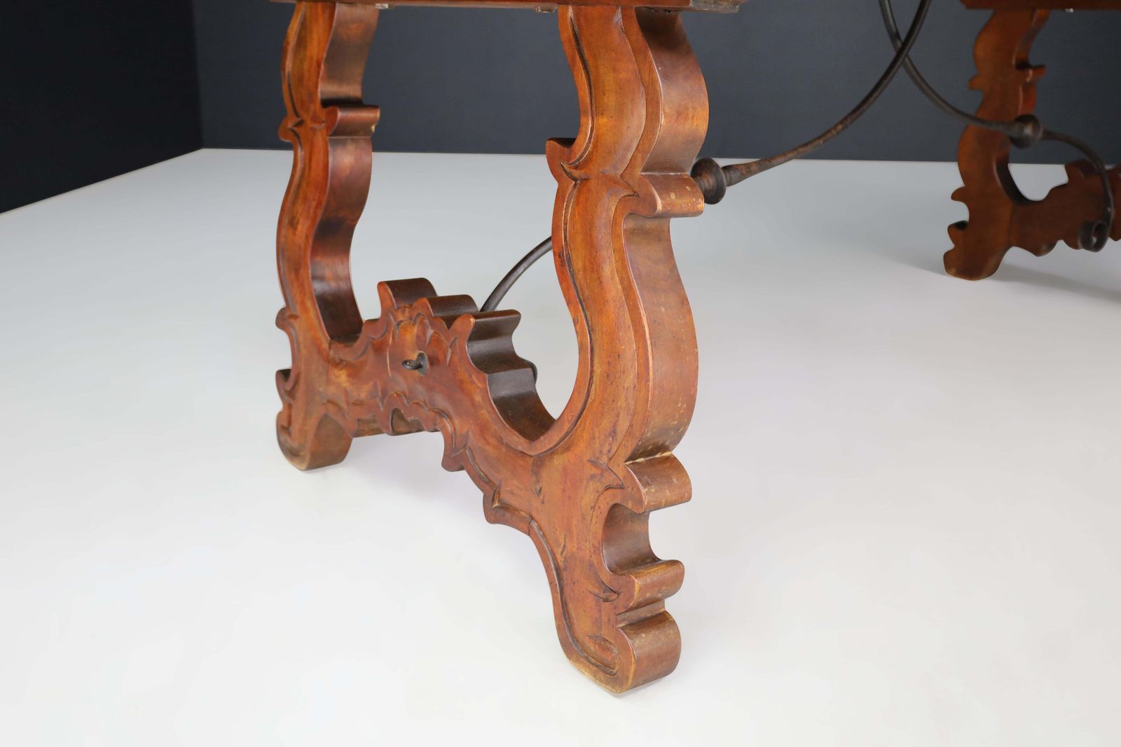 photo buy Antique Spanish Baroque Style Refectory Table With Carved Legs & Iron Stretcher