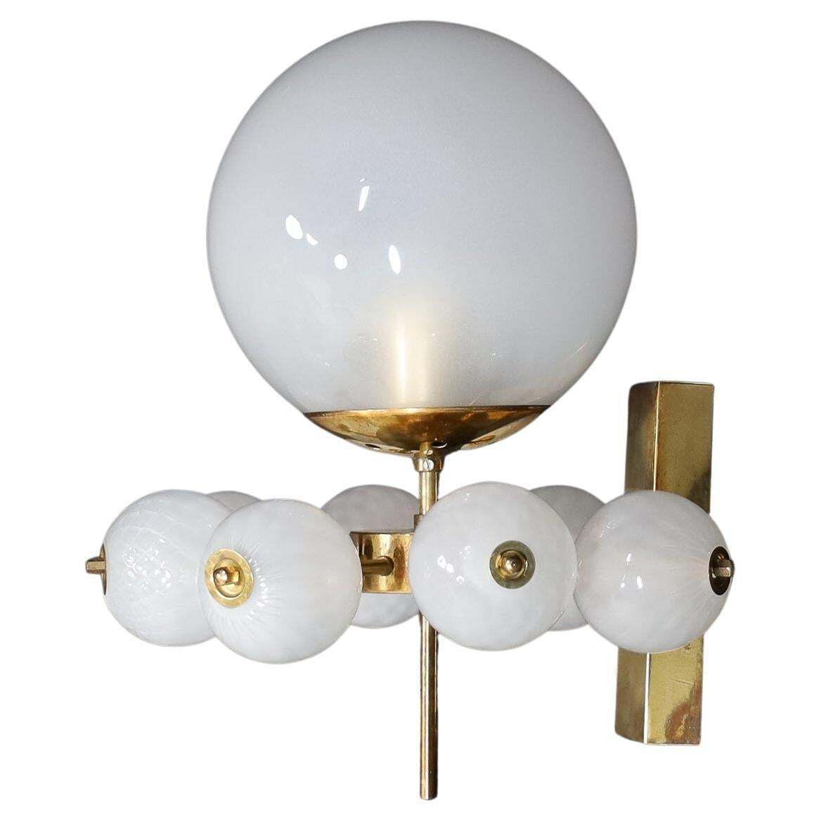 Mid Century Wall Lights With Brass Fixture & Hand Blown Pearl White Glass Globes