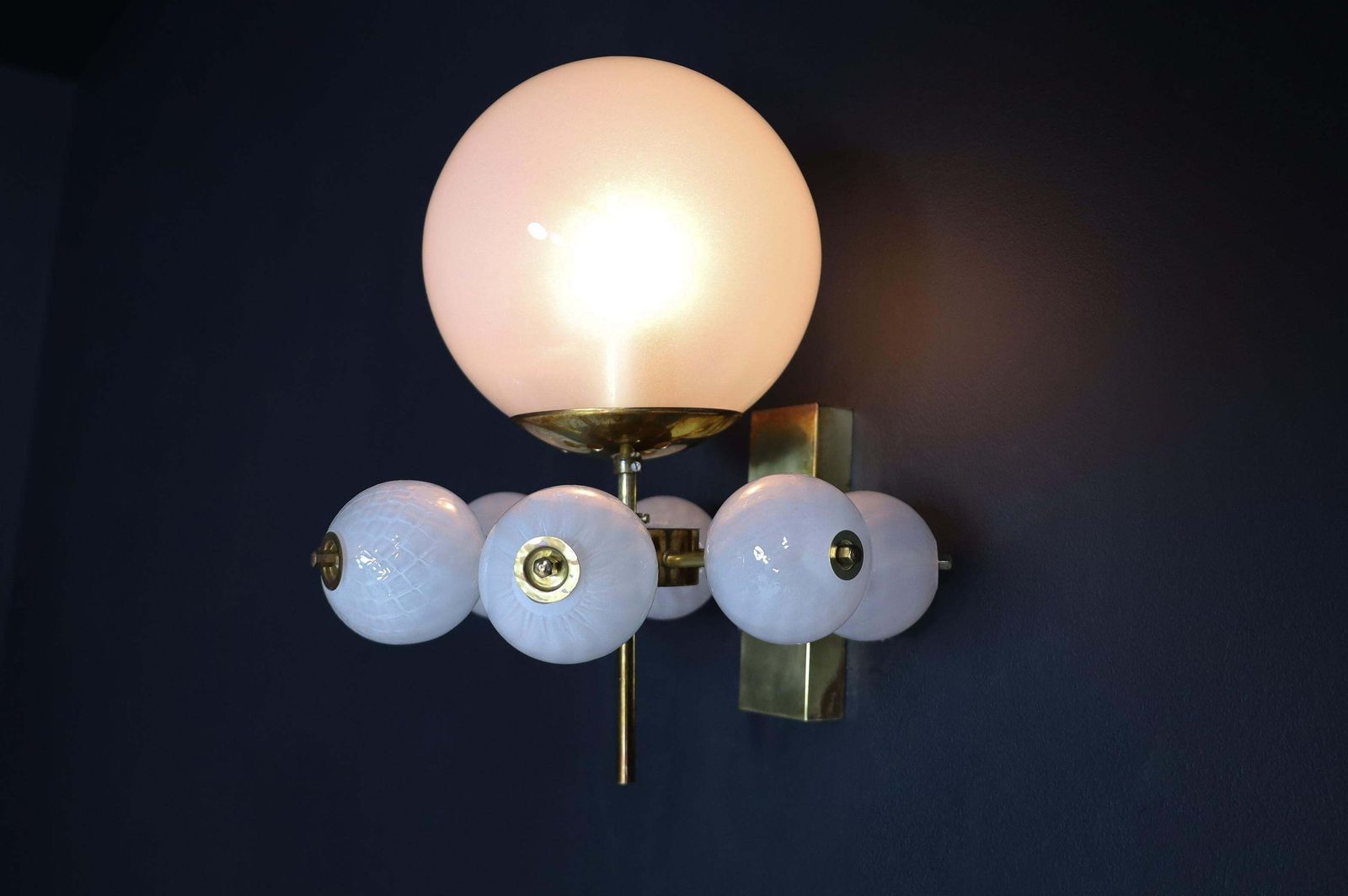 Mid Century Wall Lights With Brass Fixture & Hand Blown Pearl White Glass Globes photo 774.0