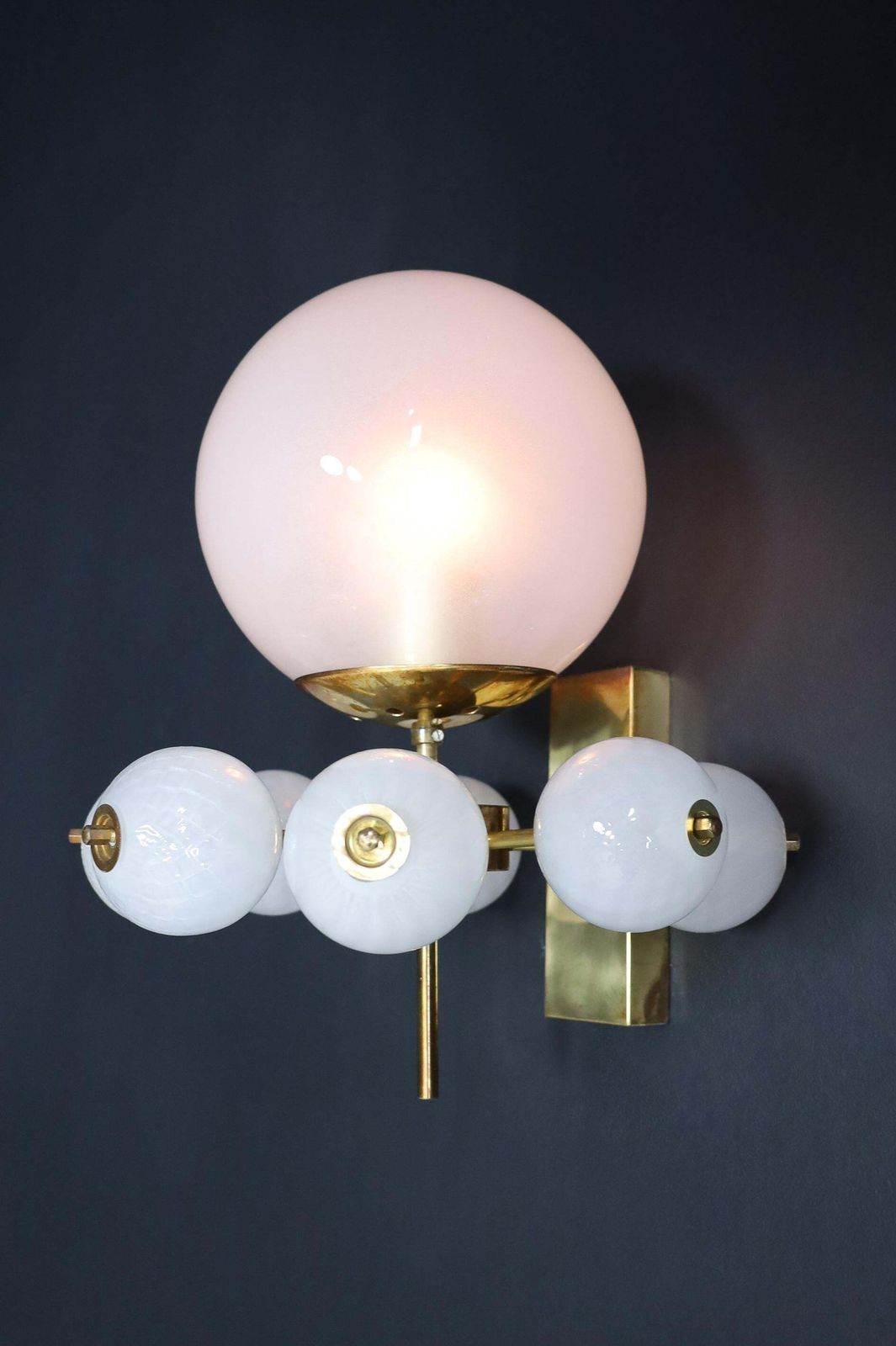 Mid Century Wall Lights With Brass Fixture & Hand Blown Pearl White Glass Globes photo vinterior