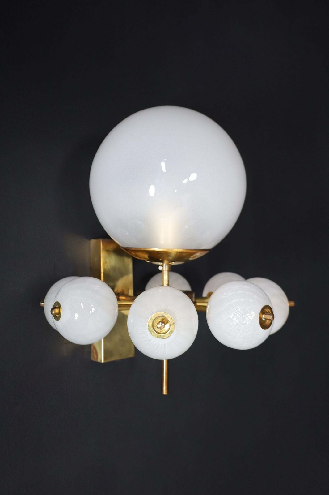 photo furniture Mid Century Wall Lights With Brass Fixture & Hand Blown Pearl White Glass Globes