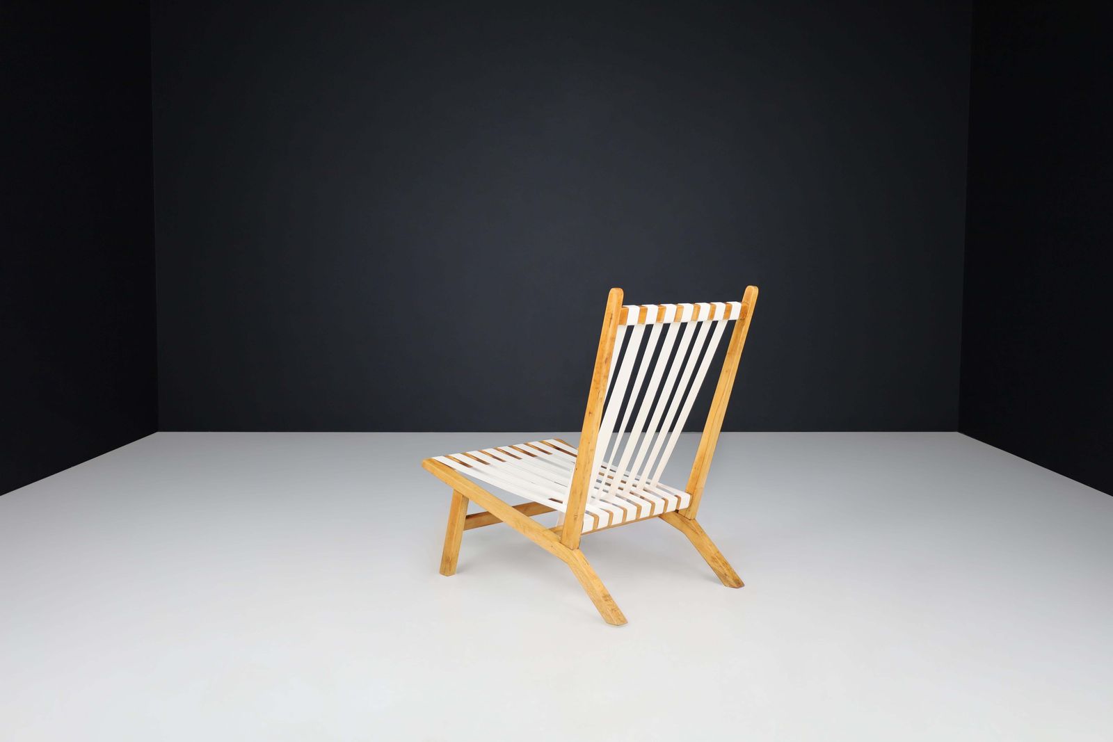 Pair Of Scandinavian Mid Century Lounge Chairs In Beech With New Canvas Straps photo buy