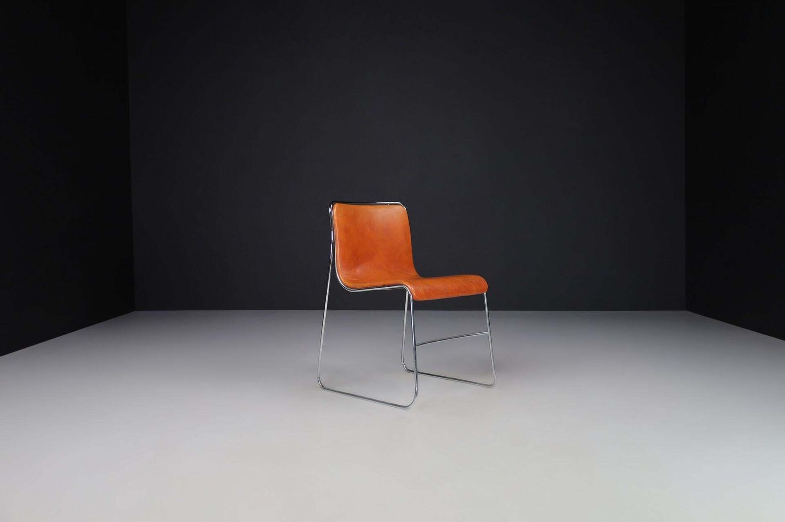 Set Of 4 Mid Century Modern Cognac Leather & Steel Dining Chairs, Italy, 1970s photo vintage