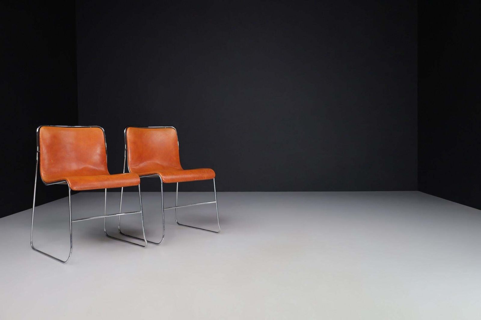 Furniture Set Of 4 Mid Century Modern Cognac Leather & Steel Dining Chairs, Italy, 1970s photo