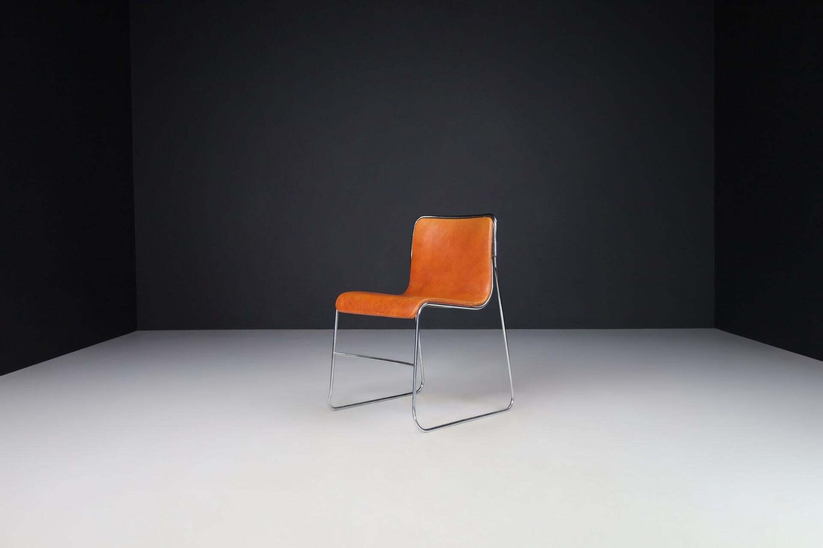 3755.0 Set Of 4 Mid Century Modern Cognac Leather & Steel Dining Chairs, Italy, 1970s photo