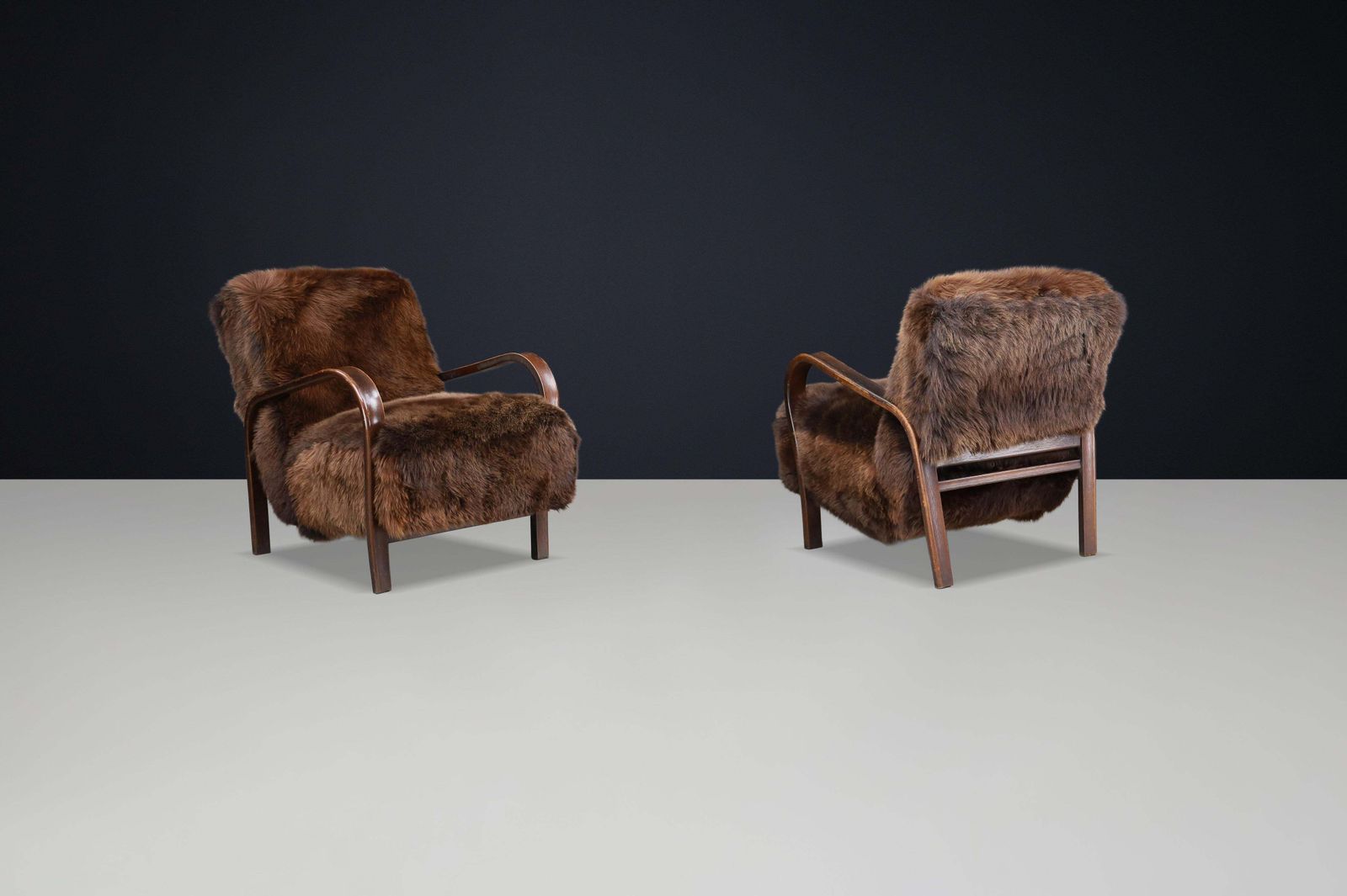 1940s Kozelka & Kropacek Armchairs In Texel Sheepskin & Brown Patinated Frame photo for sale