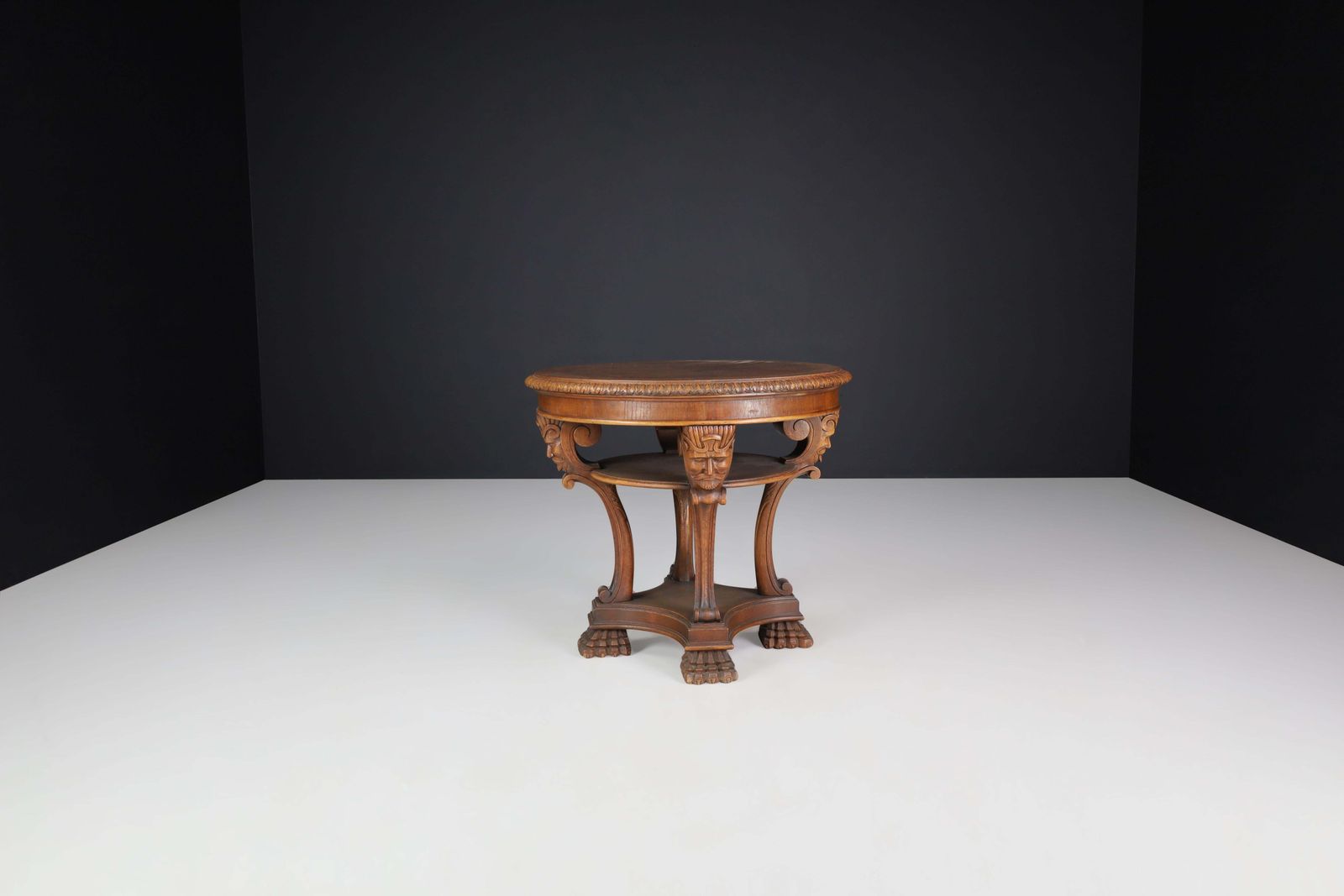 Italian Neoclassical Round Walnut Center Table With Carved Figural Legs, 1920s photo for sale